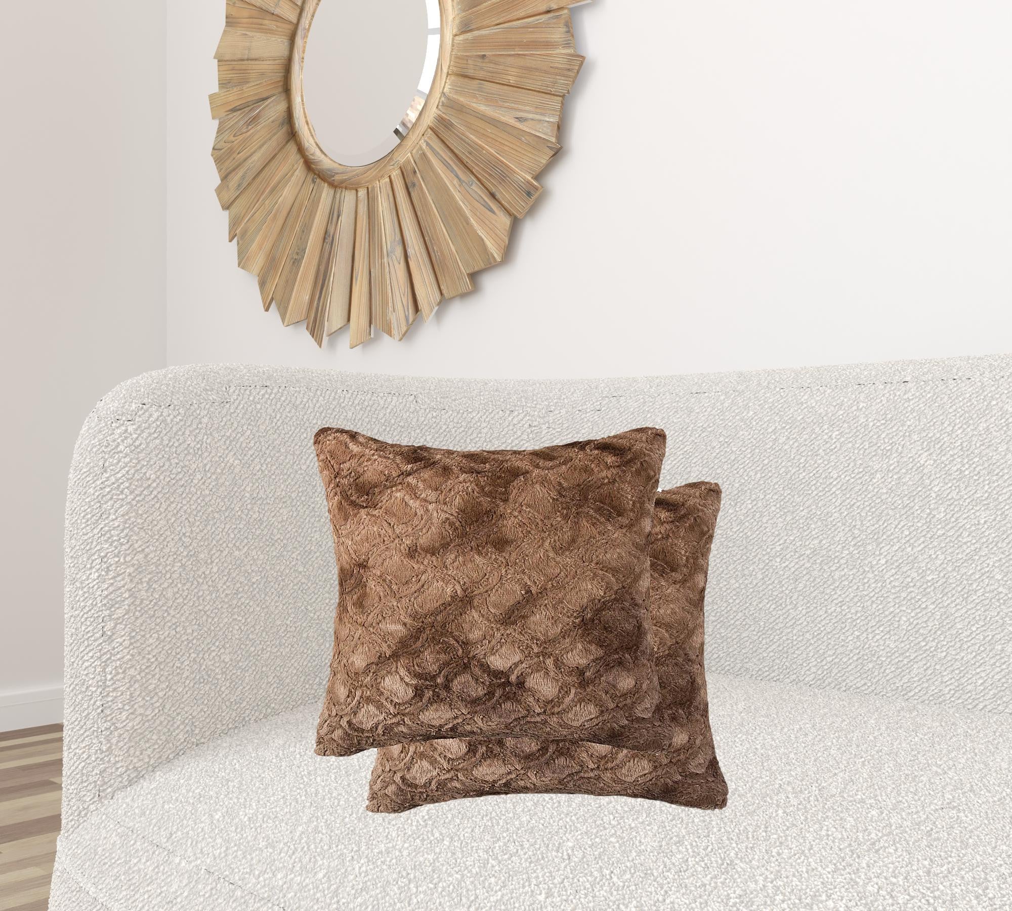 Two luxurious brown acrylic plush polyester polyfill pillows, measuring 20x20 inches, showcasing a soft faux fur texture.
