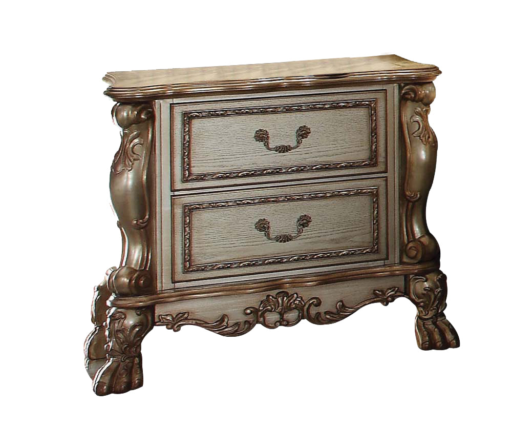 Elegant gold patina bone wood poly resin nightstand with two felt-lined drawers and vintage design.