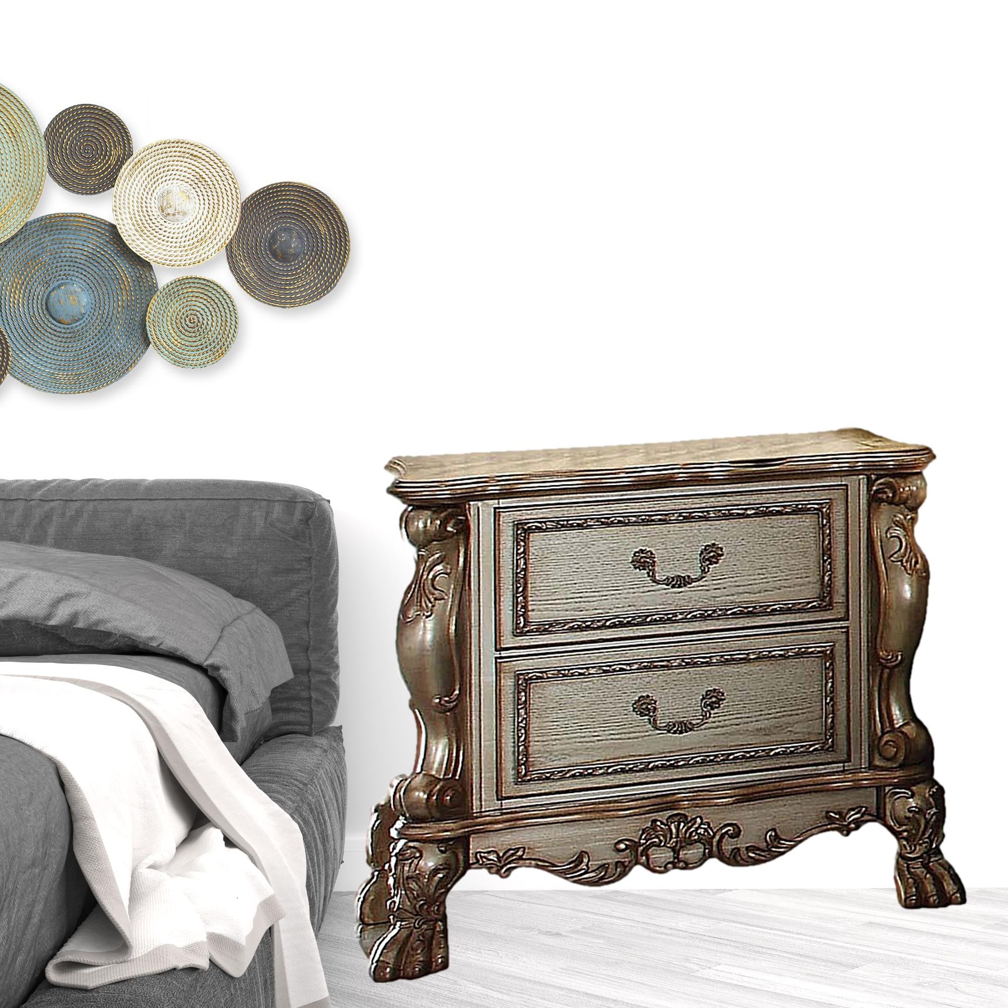 Elegant gold patina bone wood poly resin nightstand with two felt-lined drawers and vintage design.