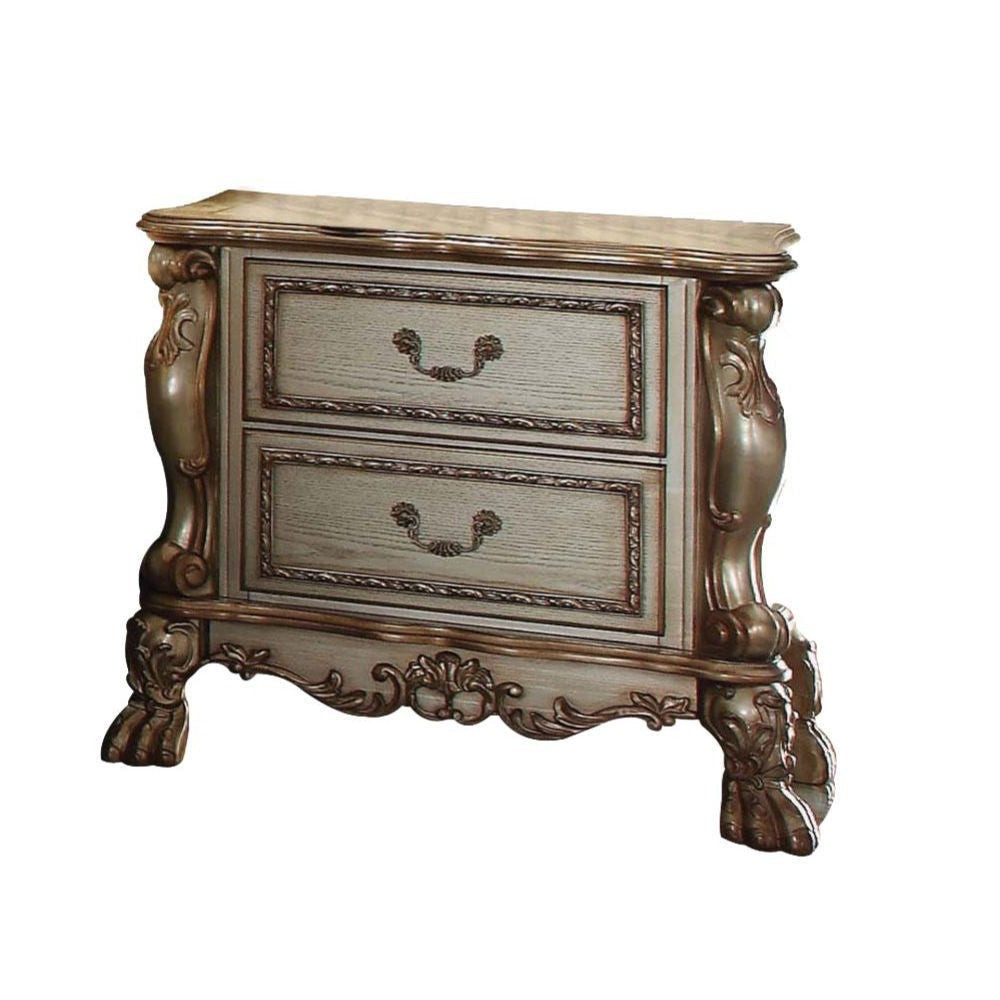 Elegant gold patina bone wood poly resin nightstand with two felt-lined drawers and vintage design.