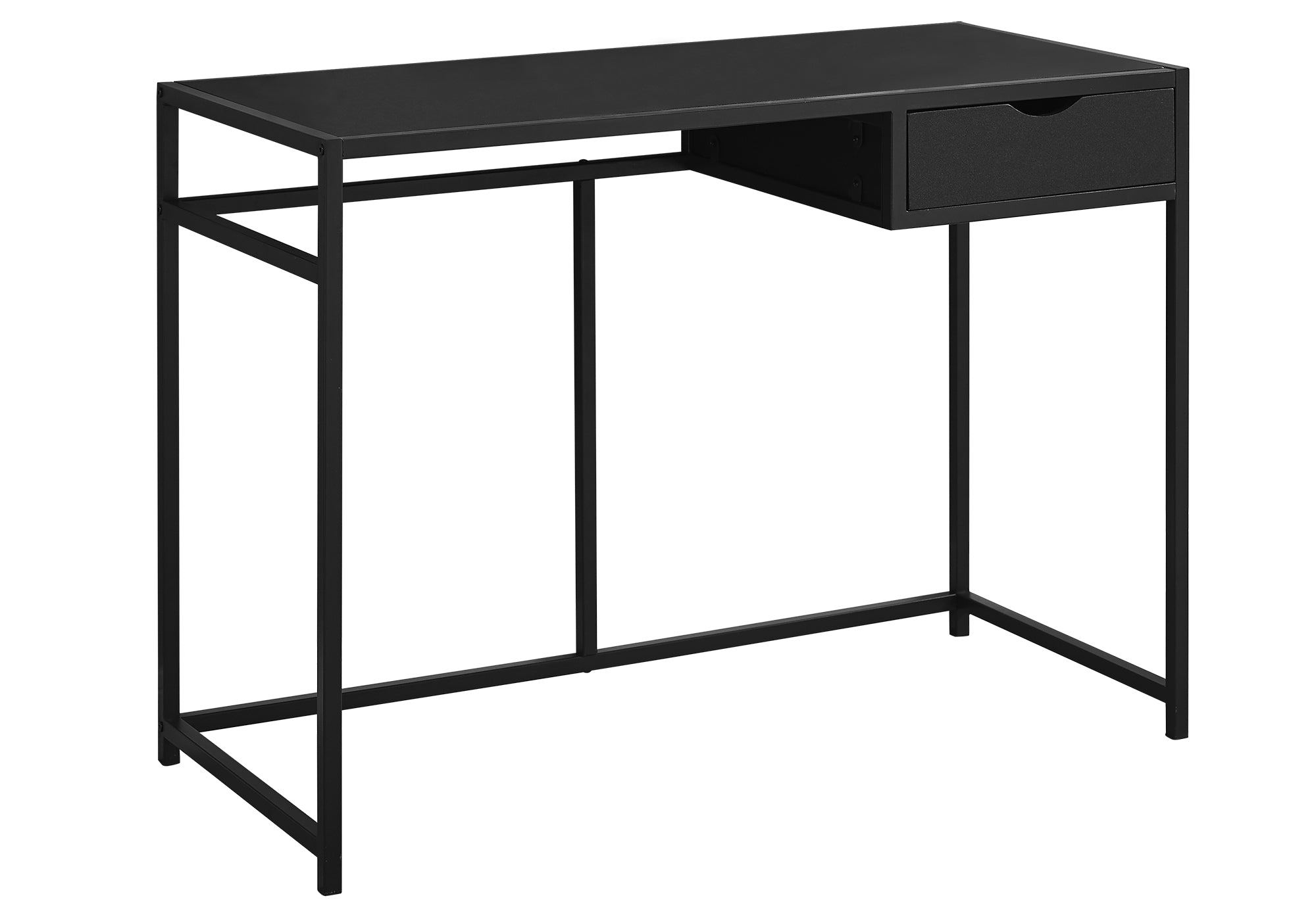 A sleek black MDF metal computer desk with a drawer, showcasing its modern design and compact dimensions.