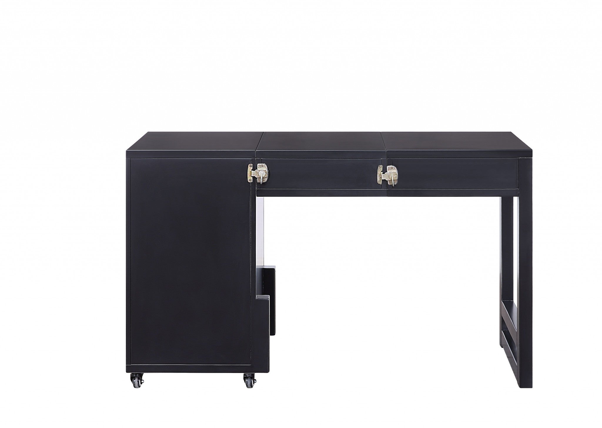 20 inches x 48 inches x 30 inches black wood veneer desk with drawer and open compartments, showcasing a modern and elegant design.