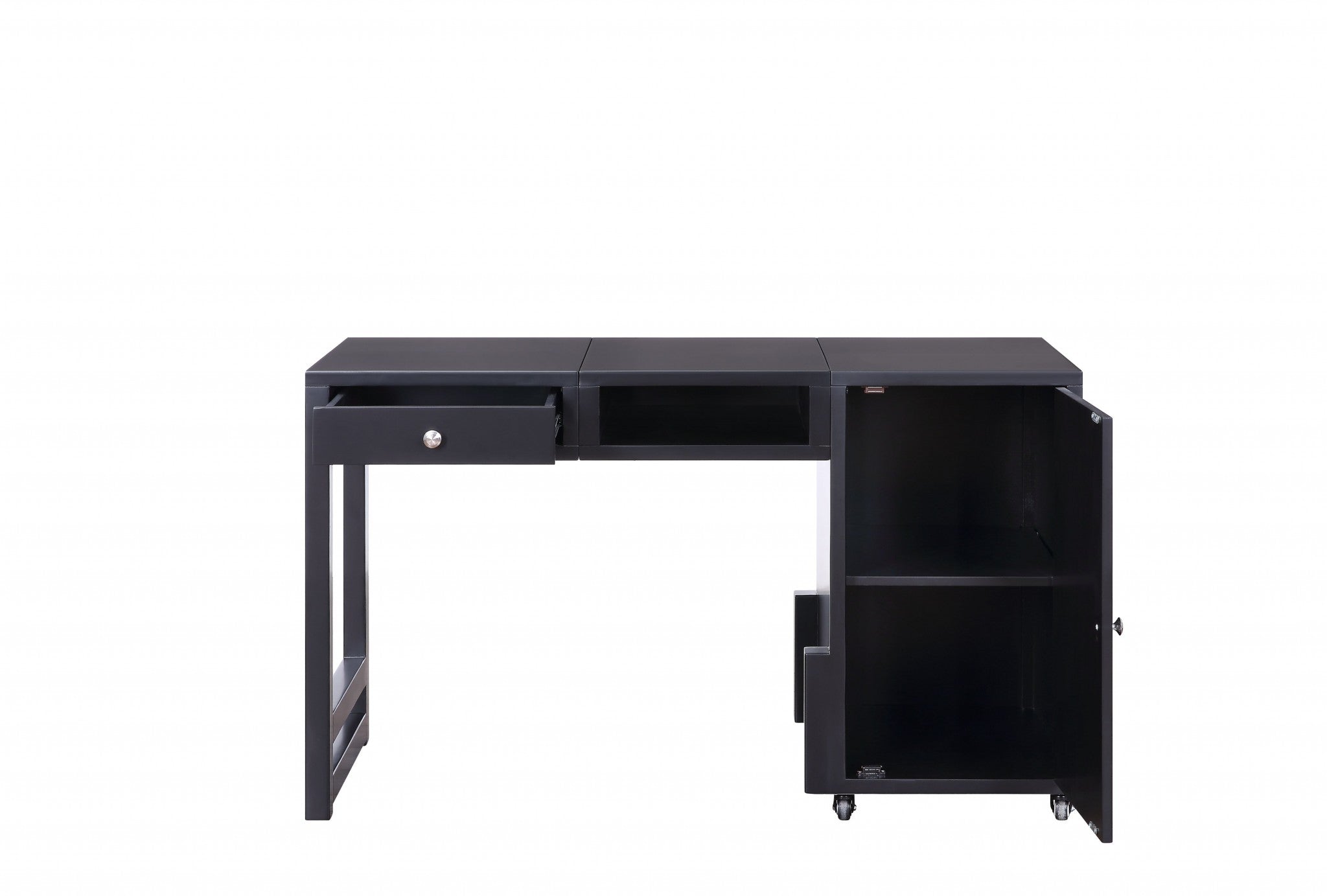20 inches x 48 inches x 30 inches black wood veneer desk with drawer and open compartments, showcasing a modern and elegant design.