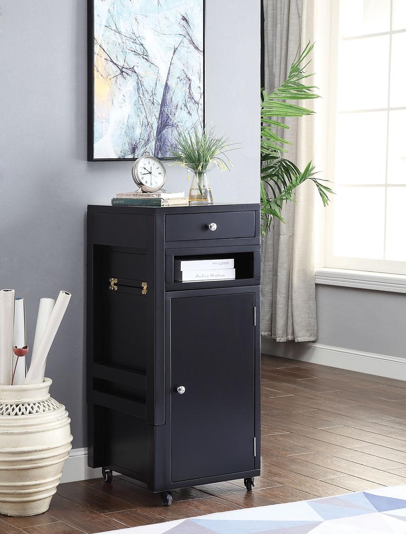 20 inches x 48 inches x 30 inches black wood veneer desk with drawer and open compartments, showcasing a modern and elegant design.