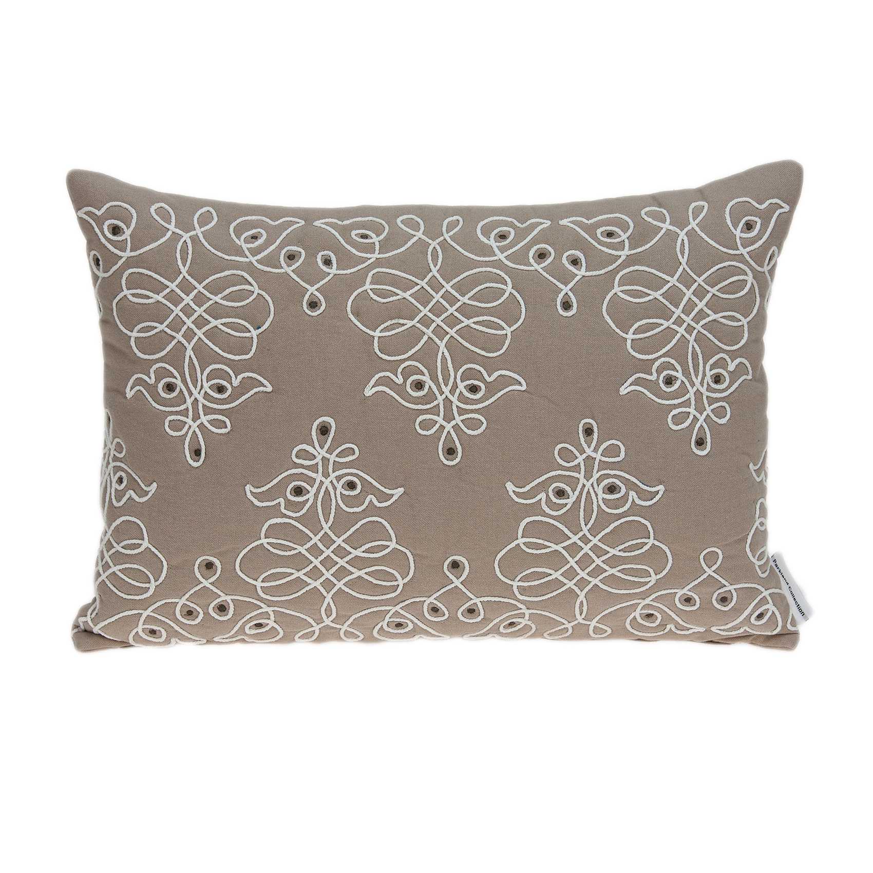 Traditional tan pillow cover measuring 20x6x14 inches with a swirl pattern and polyfill insert, perfect for home decor.