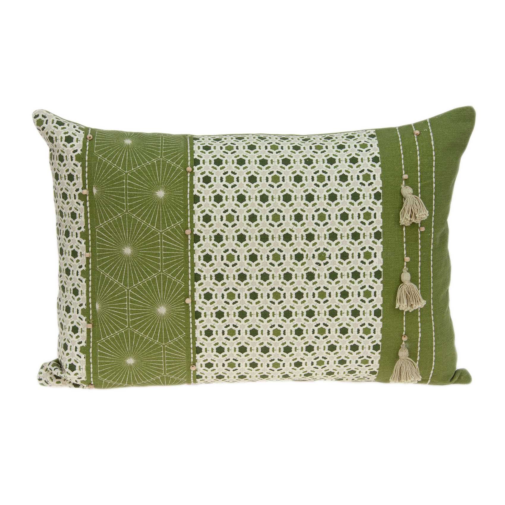 Tropical green cotton pillow cover with poly insert, showcasing vibrant color and intricate design, perfect for home decor.