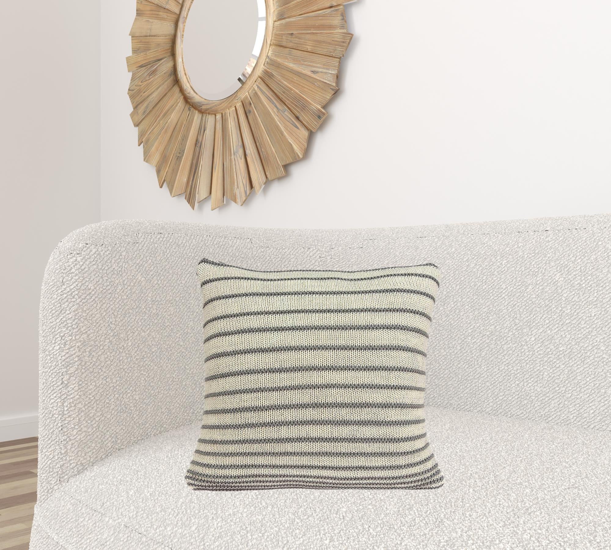A stunning transitional tan pillow cover measuring 20x7x20 inches, made from 100% cotton with a soft texture and elegant striped pattern.