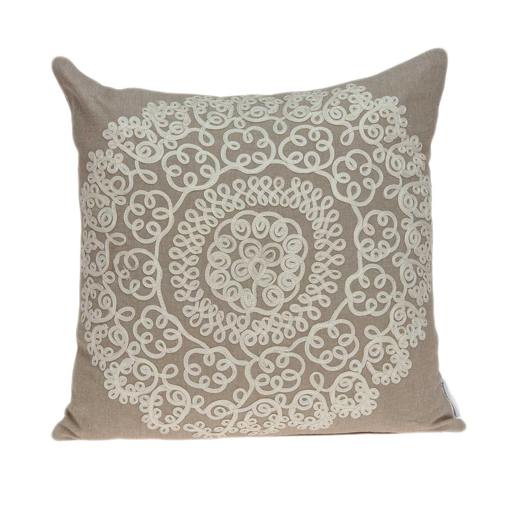 Traditional tan pillow cover measuring 20x7x20 inches with floral pattern and polyfill insert, perfect for home decor.
