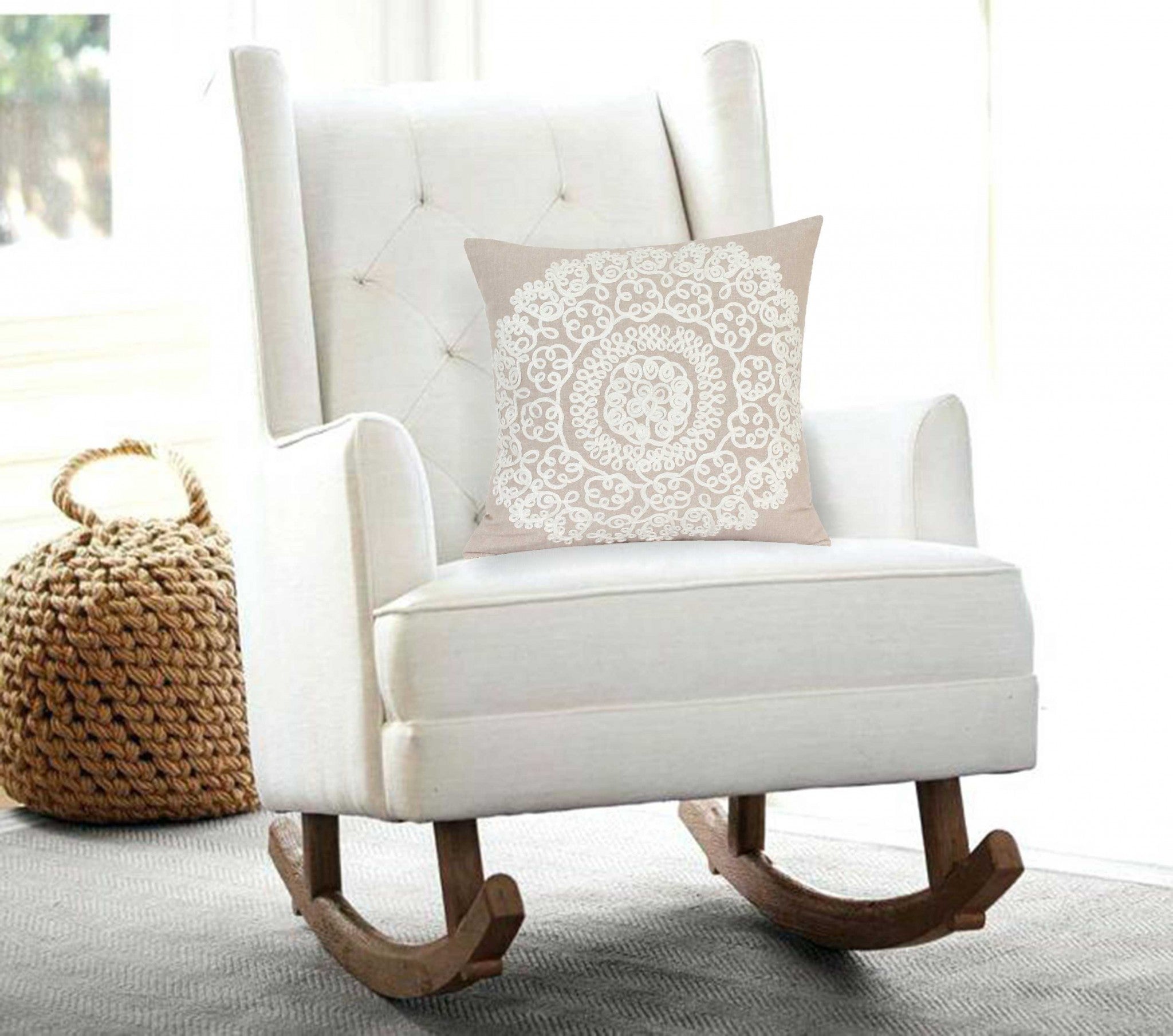 Traditional tan pillow cover measuring 20x7x20 inches with floral pattern and polyfill insert, perfect for home decor.