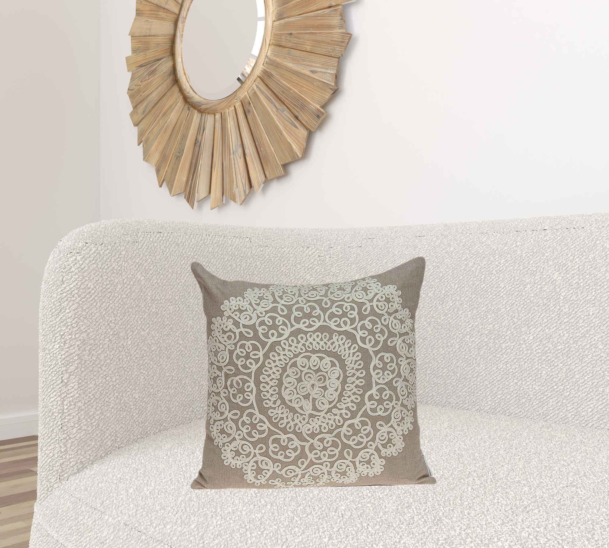 Traditional tan pillow cover measuring 20x7x20 inches with floral pattern and polyfill insert, perfect for home decor.