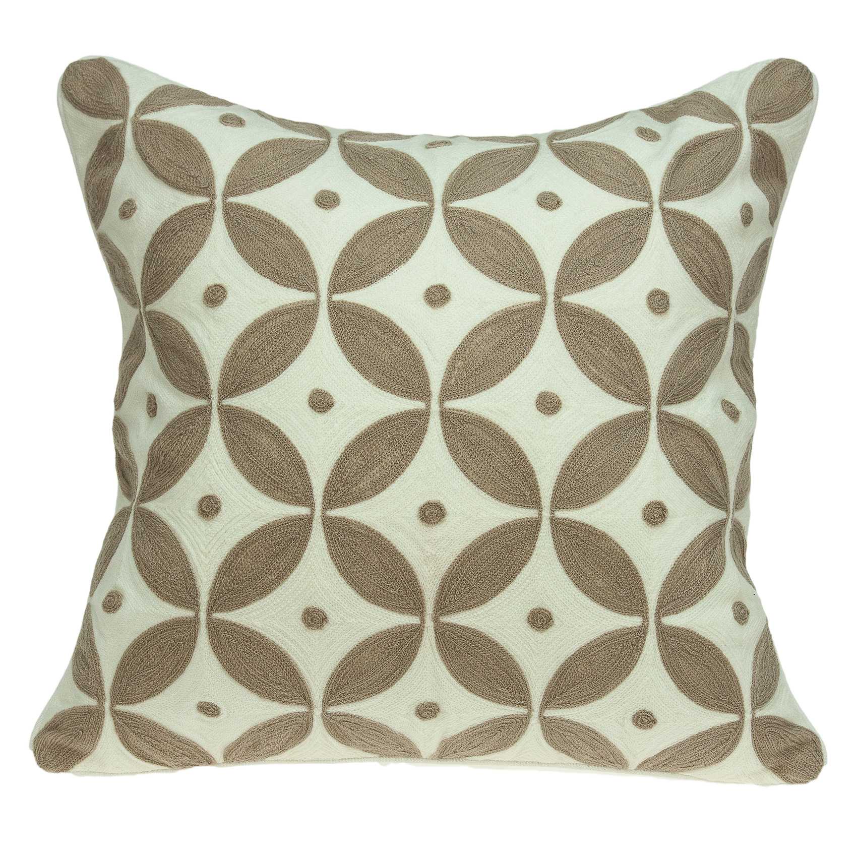 Transitional beige and white accent pillow measuring 20x7x20 inches, featuring a geometric pattern and soft cotton fabric.