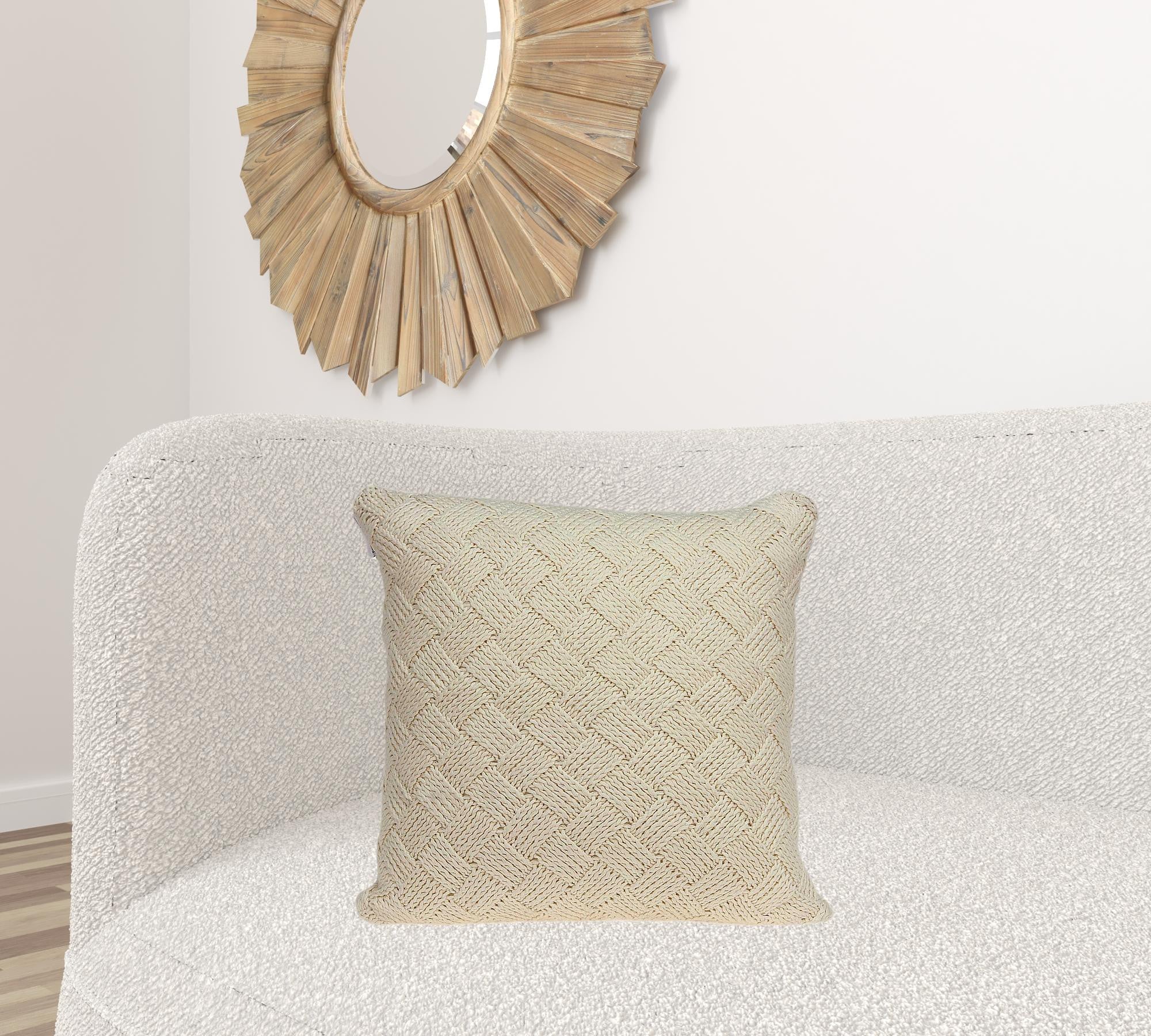 Transitional beige pillow cover measuring 20x7x20 inches, made from 100% cotton, showcasing a soft and elegant design.