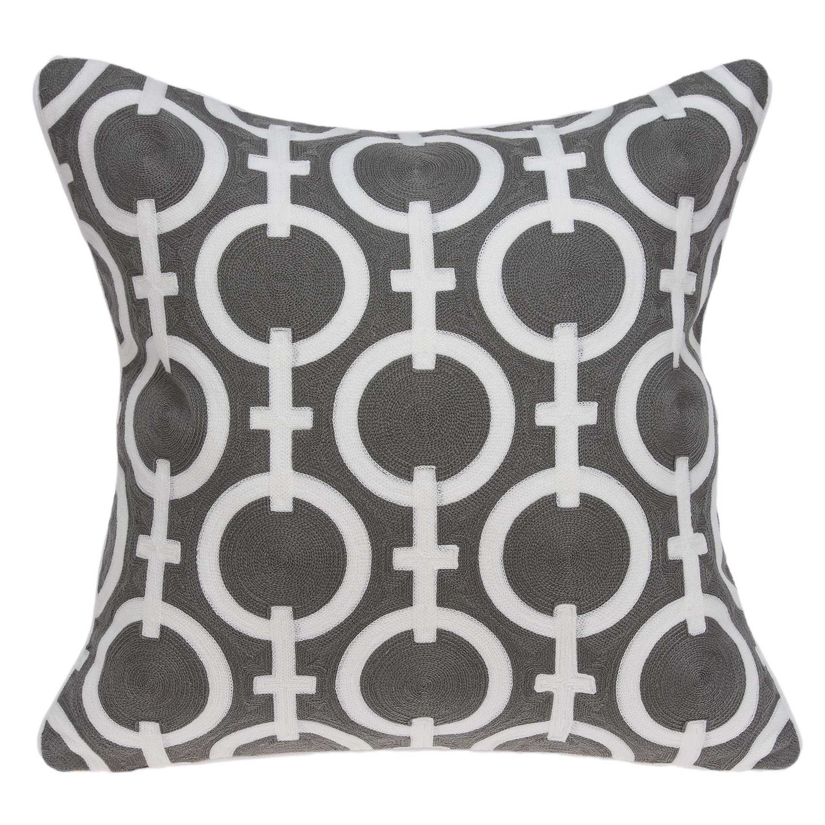 Transitional gray and white accent pillow measuring 20x7x20 inches, featuring a geometric pattern and soft cotton fabric.