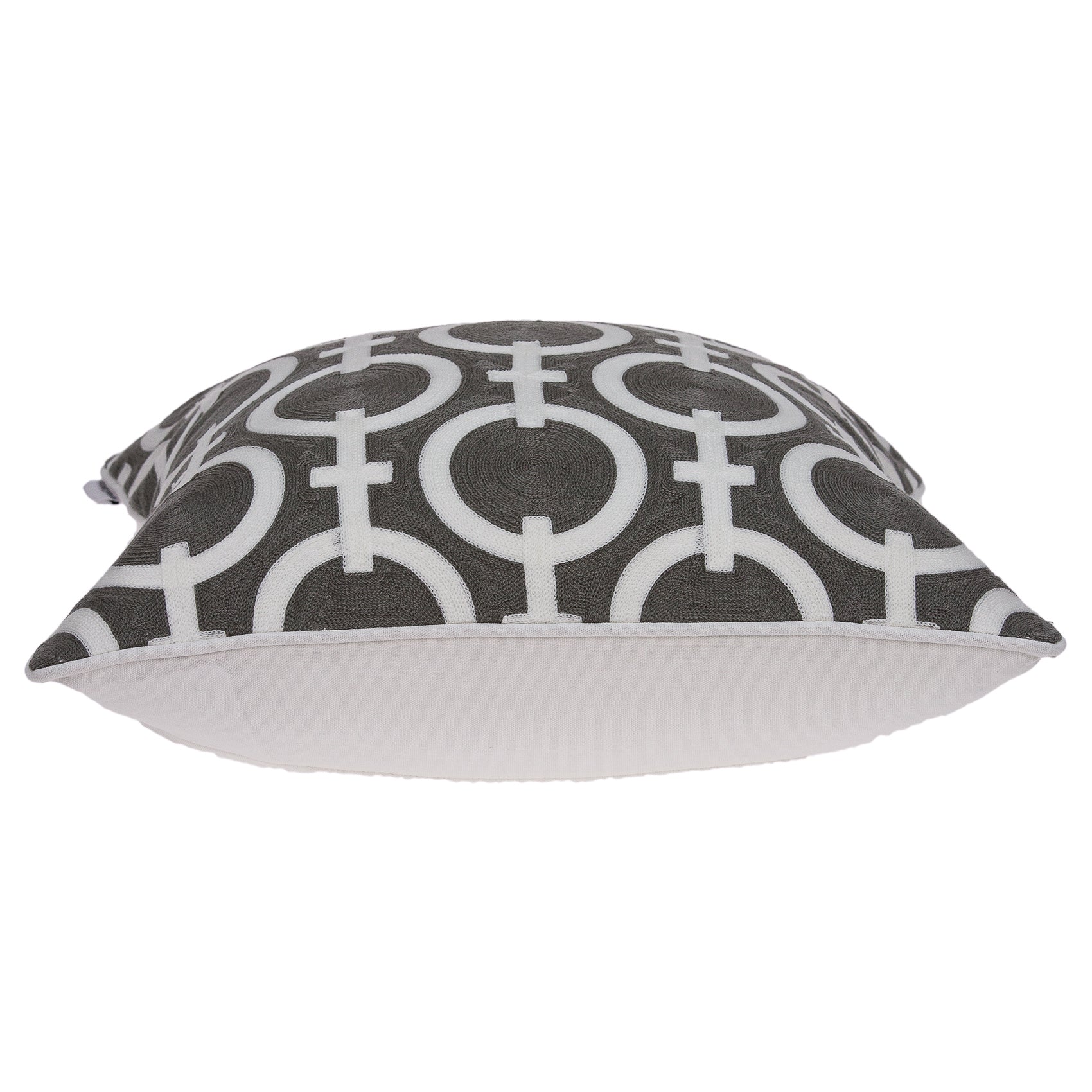 Transitional gray and white accent pillow measuring 20x7x20 inches, featuring a geometric pattern and soft cotton fabric.