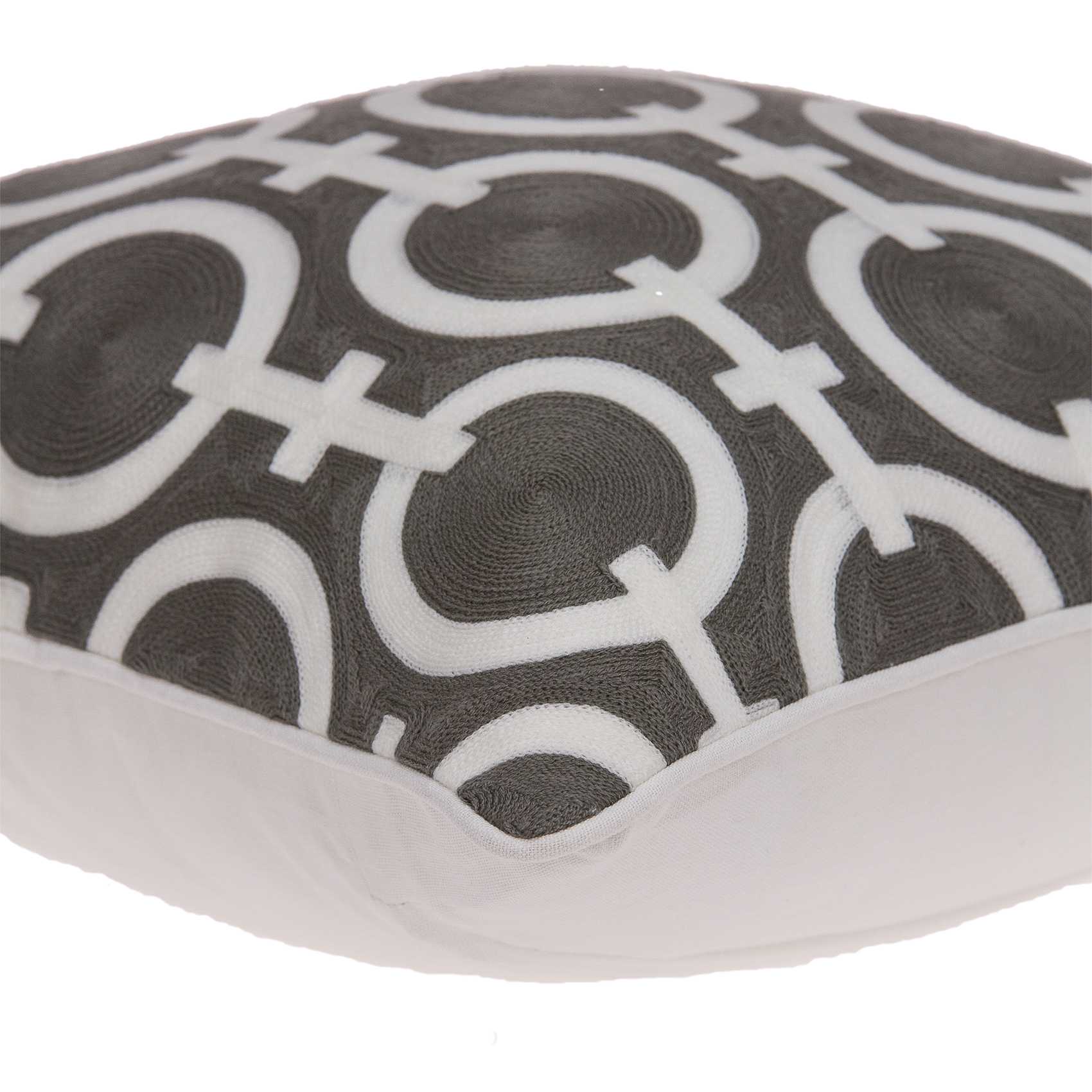 Transitional gray and white accent pillow measuring 20x7x20 inches, featuring a geometric pattern and soft cotton fabric.