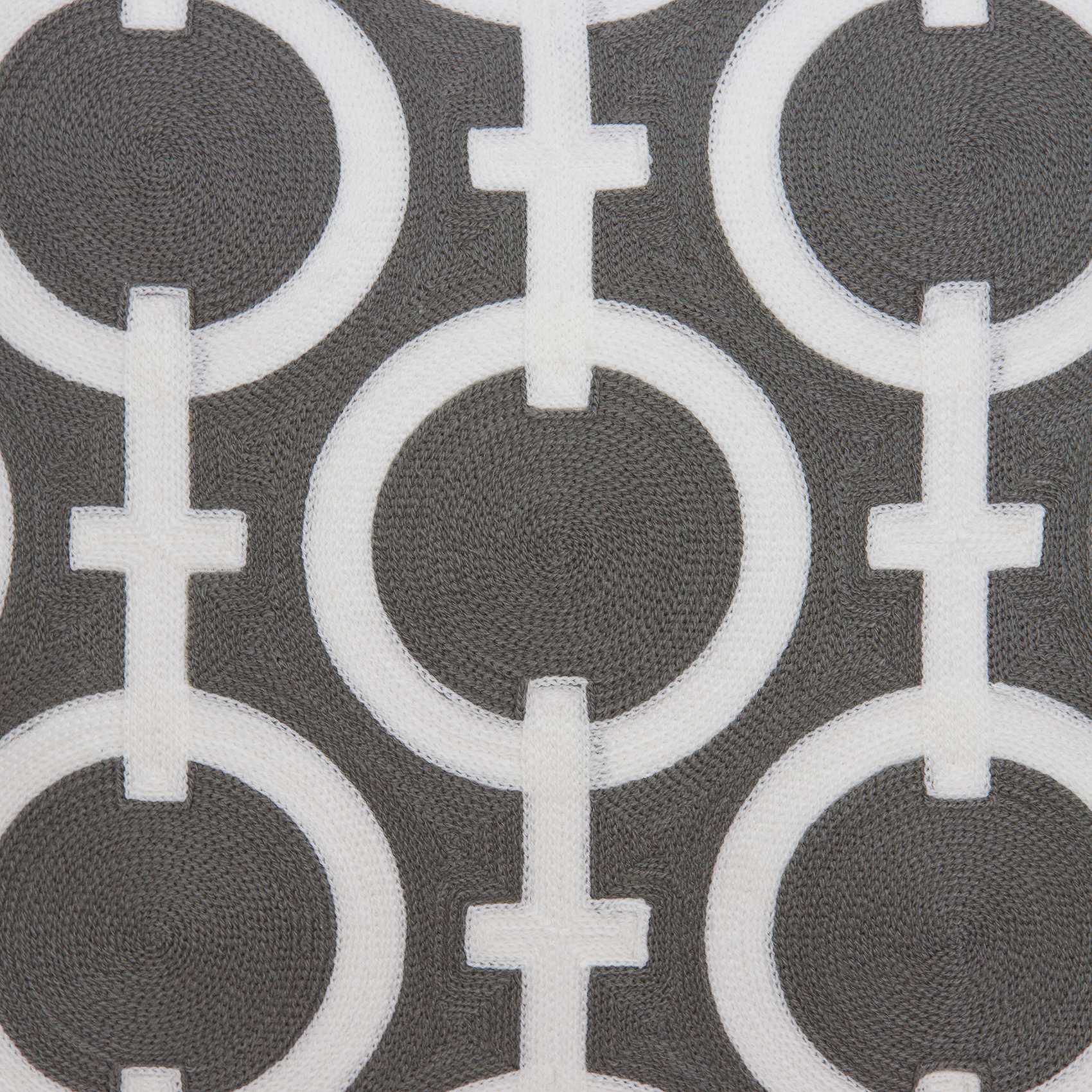 Transitional gray and white accent pillow measuring 20x7x20 inches, featuring a geometric pattern and soft cotton fabric.