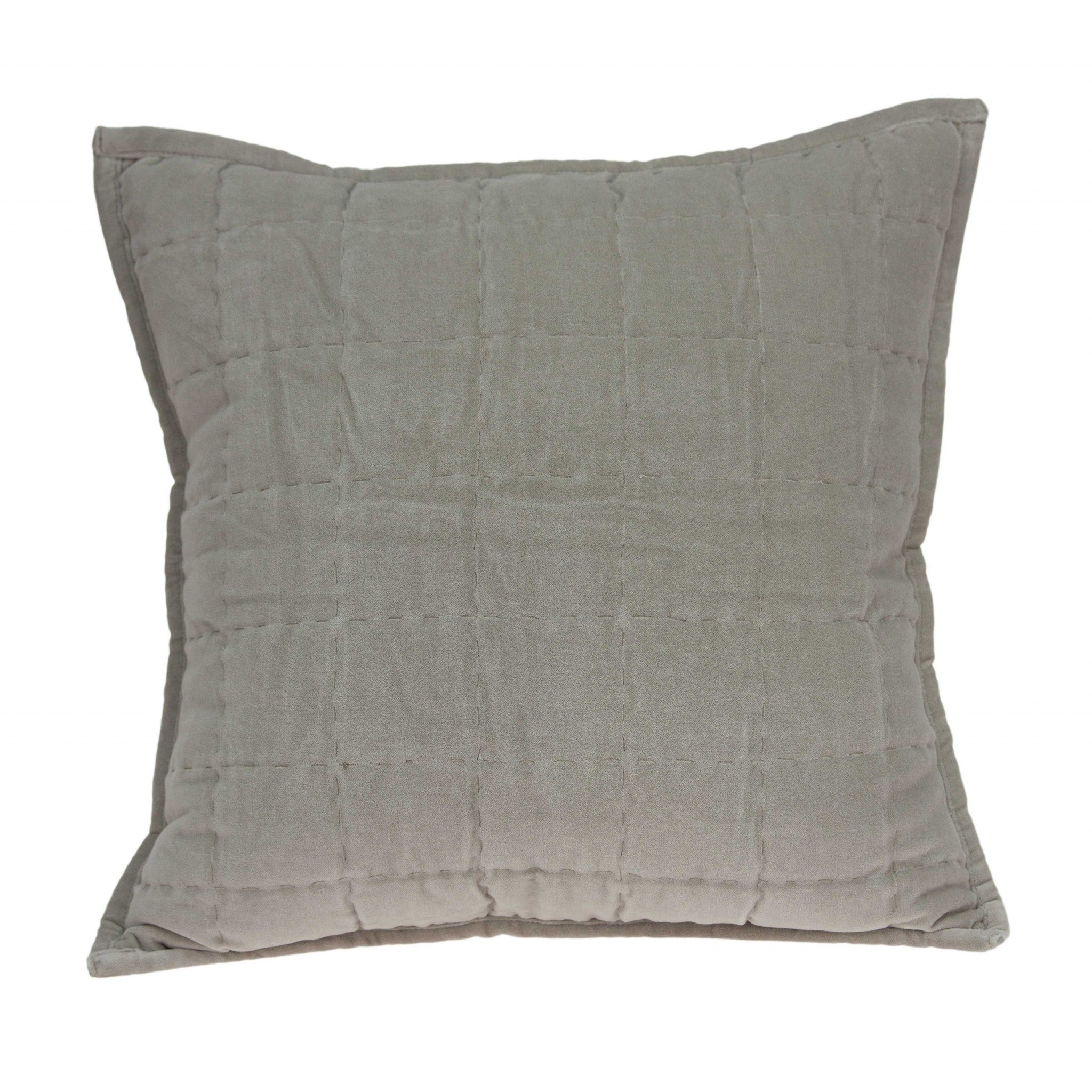 Transitional gray solid quilted pillow measuring 20x7x20 inches, featuring a soft cotton and viscose blend for comfort and style.