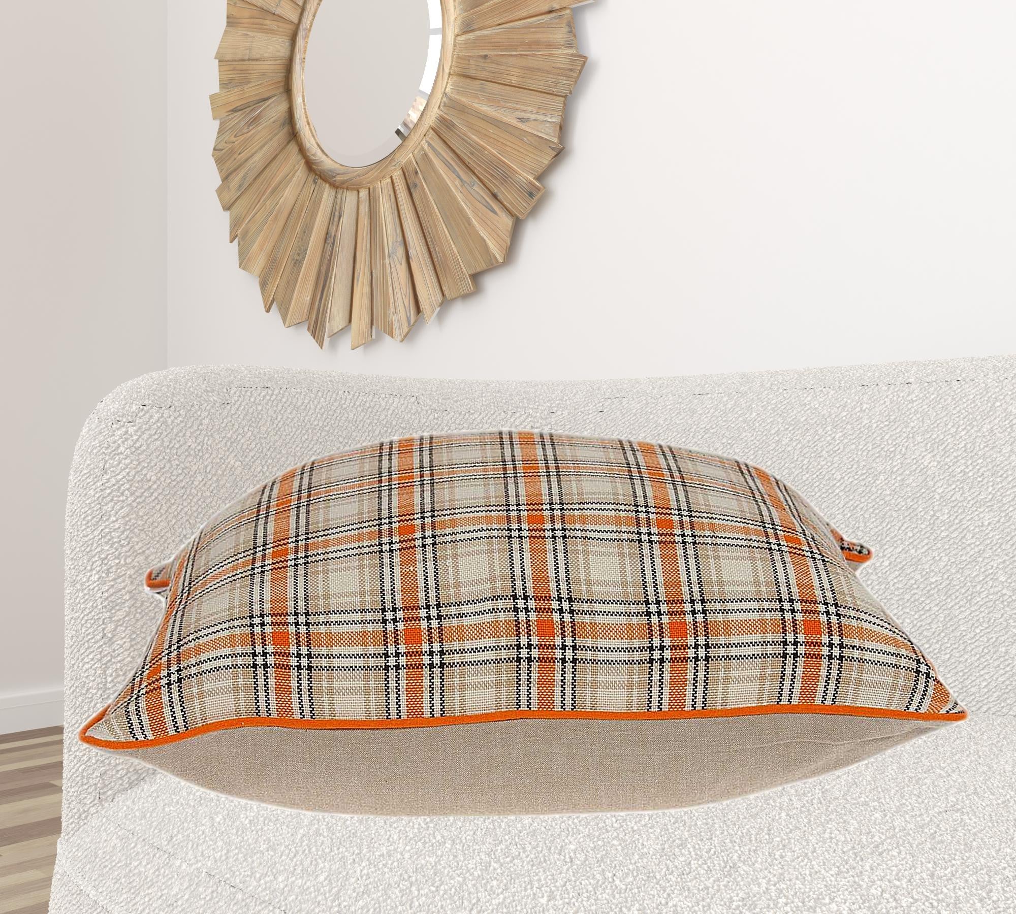 A vibrant 20x7x20 inches transitional multicolor cotton pillow with a soft polyfill insert, showcasing a stylish plaid pattern.