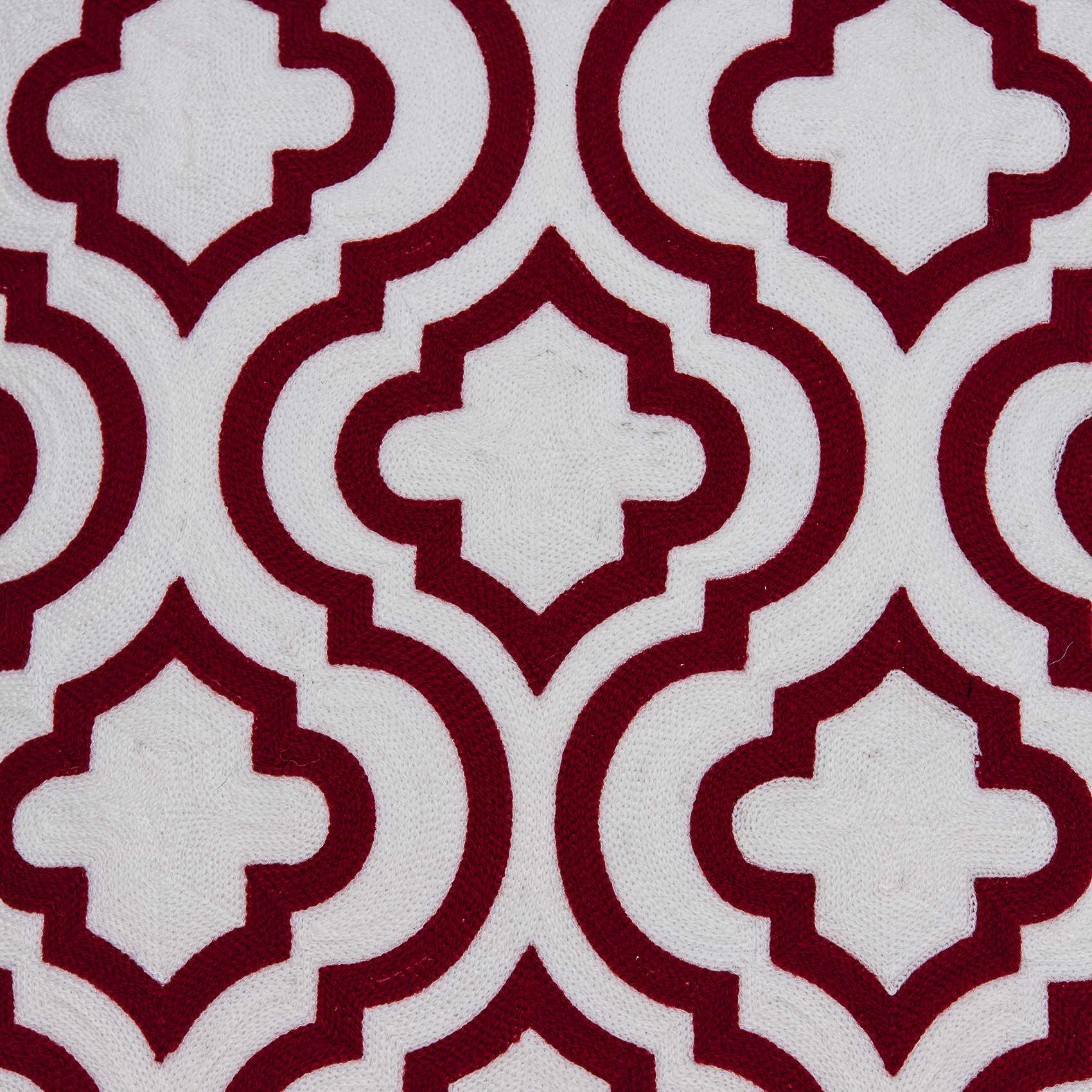 Transitional red and white accent pillow, 20x7x20 inches, featuring a quatrefoil pattern and removable cotton cover.