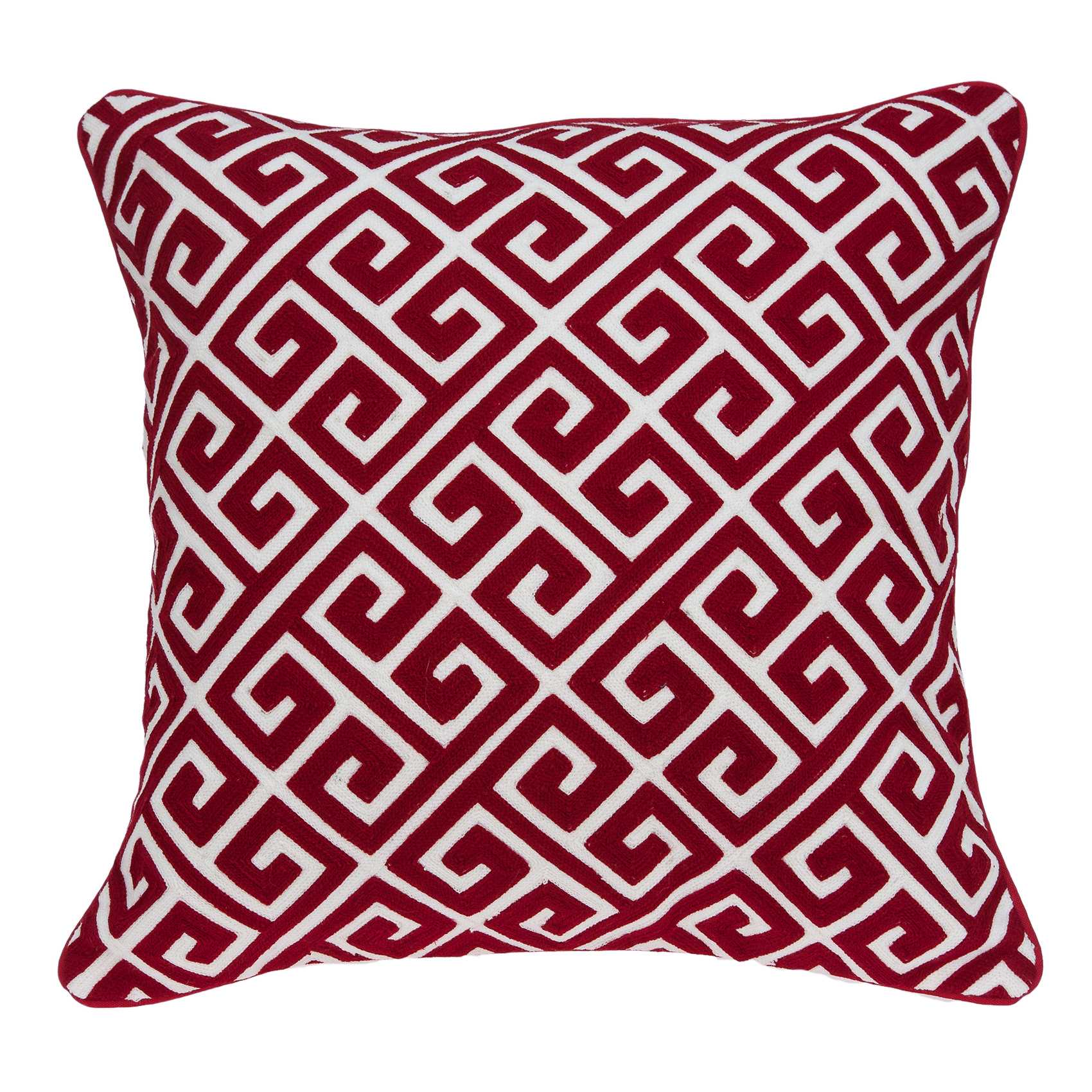 Transitional red and white cotton pillow, 20x7x20 inches, featuring a Greek Key pattern and plush polyfill insert.