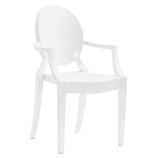 Four stylish white polycarbonate chairs stacked together, showcasing their modern design and durable material.