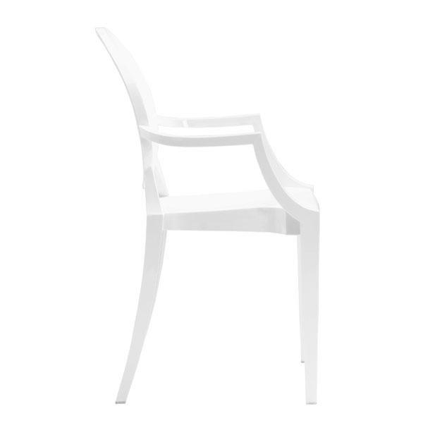 Four stylish white polycarbonate chairs stacked together, showcasing their modern design and durable material.