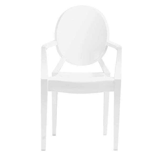 Four stylish white polycarbonate chairs stacked together, showcasing their modern design and durable material.