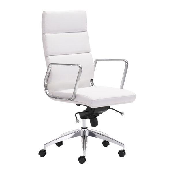 A stylish white leatherette high back office chair with a chromed steel frame, showcasing its elegant design and adjustable height feature.