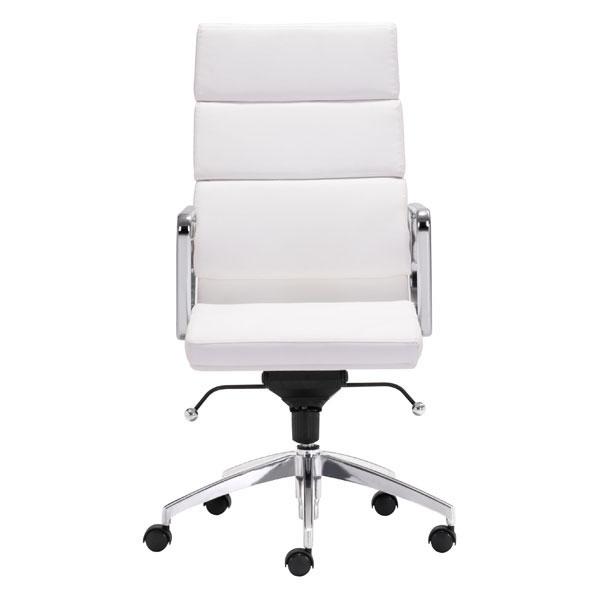 A stylish white leatherette high back office chair with a chromed steel frame, showcasing its elegant design and adjustable height feature.