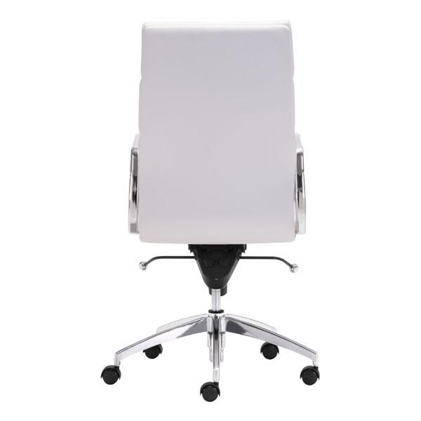 A stylish white leatherette high back office chair with a chromed steel frame, showcasing its elegant design and adjustable height feature.