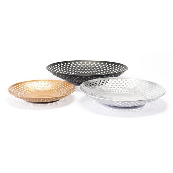Set of three multicolor decorative plates with open wire design, perfect for home decor and storage.