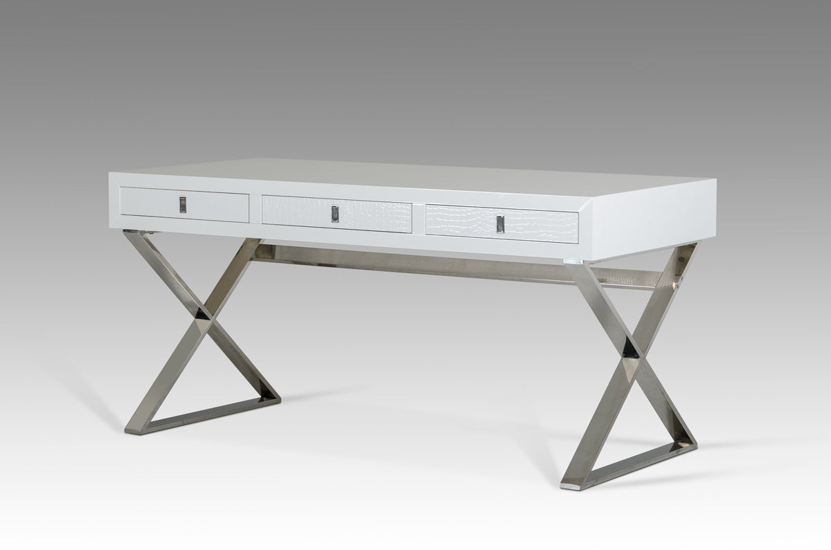 21-inch White Crocodile MDF and Steel Desk featuring a modern design with three drawers and a glossy finish, ideal for office use.