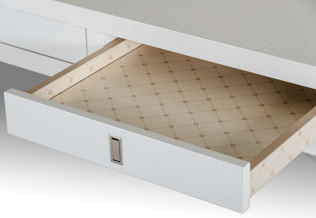 21-inch White Crocodile MDF and Steel Desk featuring a modern design with three drawers and a glossy finish, ideal for office use.