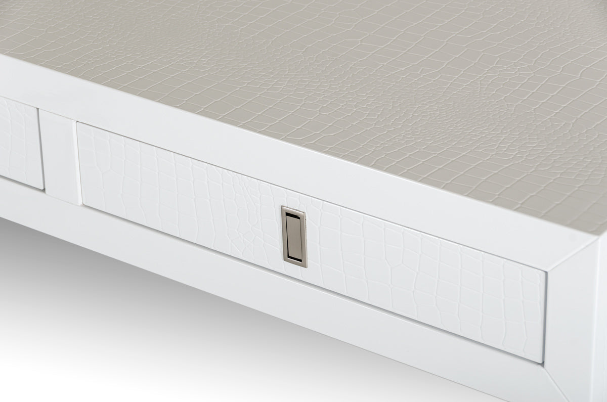 21-inch White Crocodile MDF and Steel Desk featuring a modern design with three drawers and a glossy finish, ideal for office use.