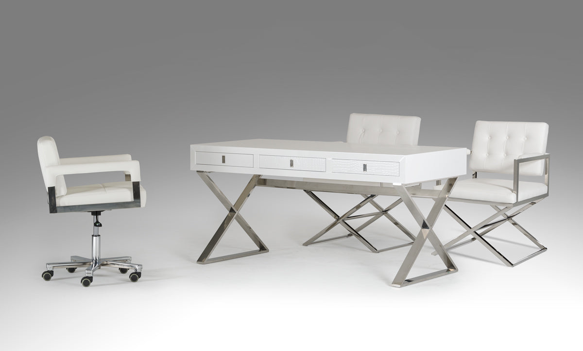 21-inch White Crocodile MDF and Steel Desk featuring a modern design with three drawers and a glossy finish, ideal for office use.
