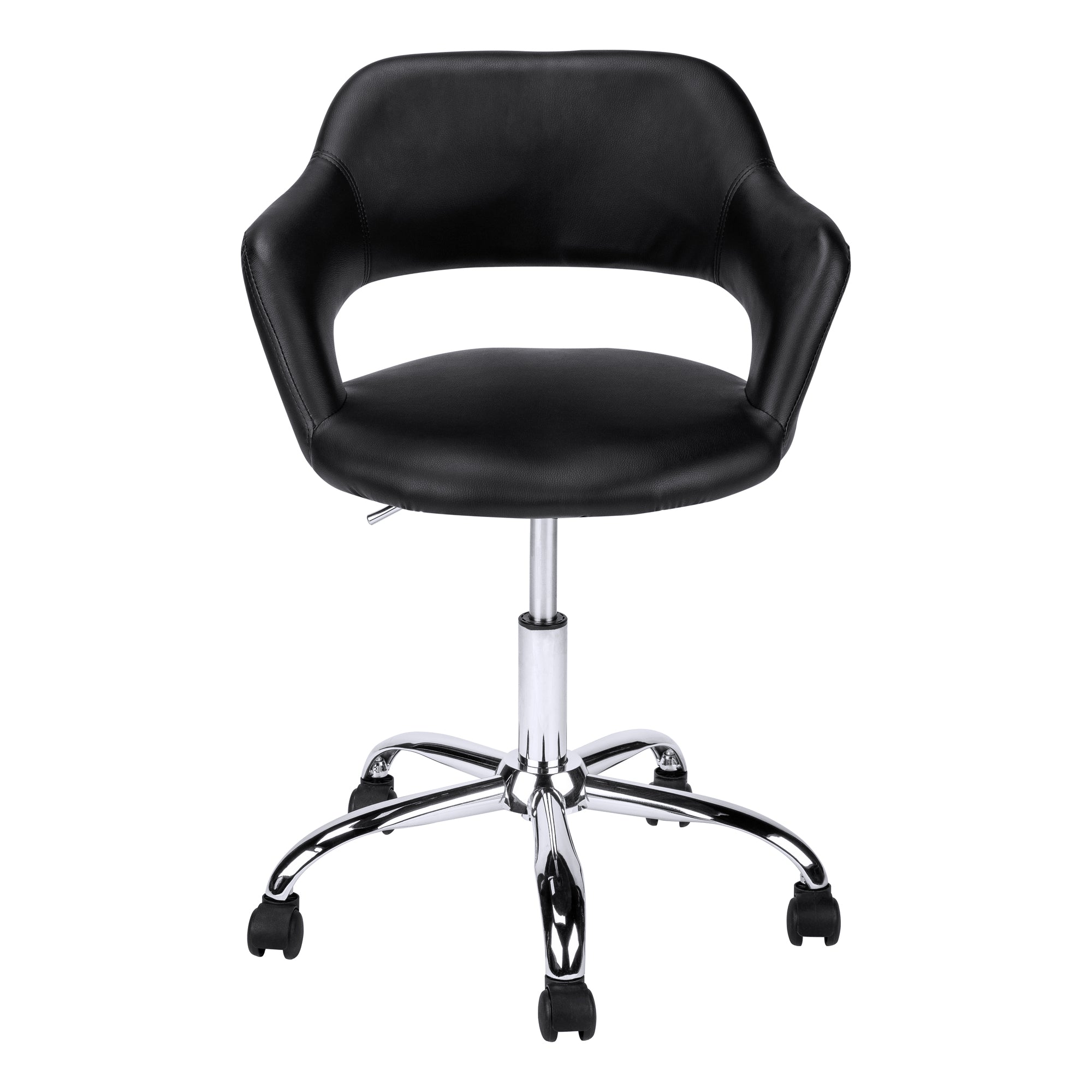 Stylish BlackChrome Metal Hydraulic Lift Base office chair with five castors, designed for comfort and elegance.