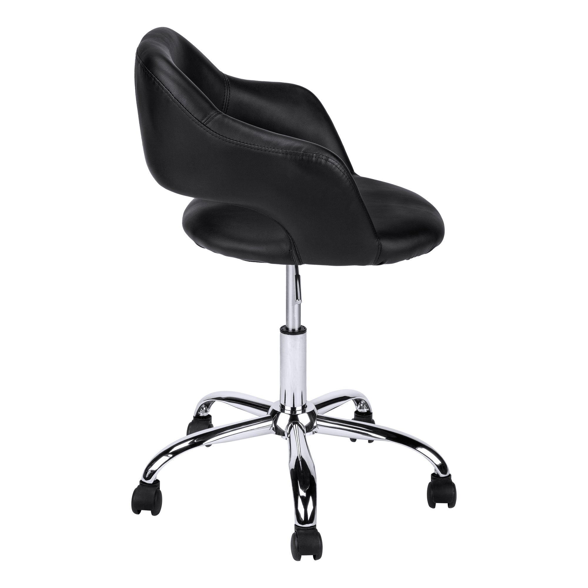 Stylish BlackChrome Metal Hydraulic Lift Base office chair with five castors, designed for comfort and elegance.