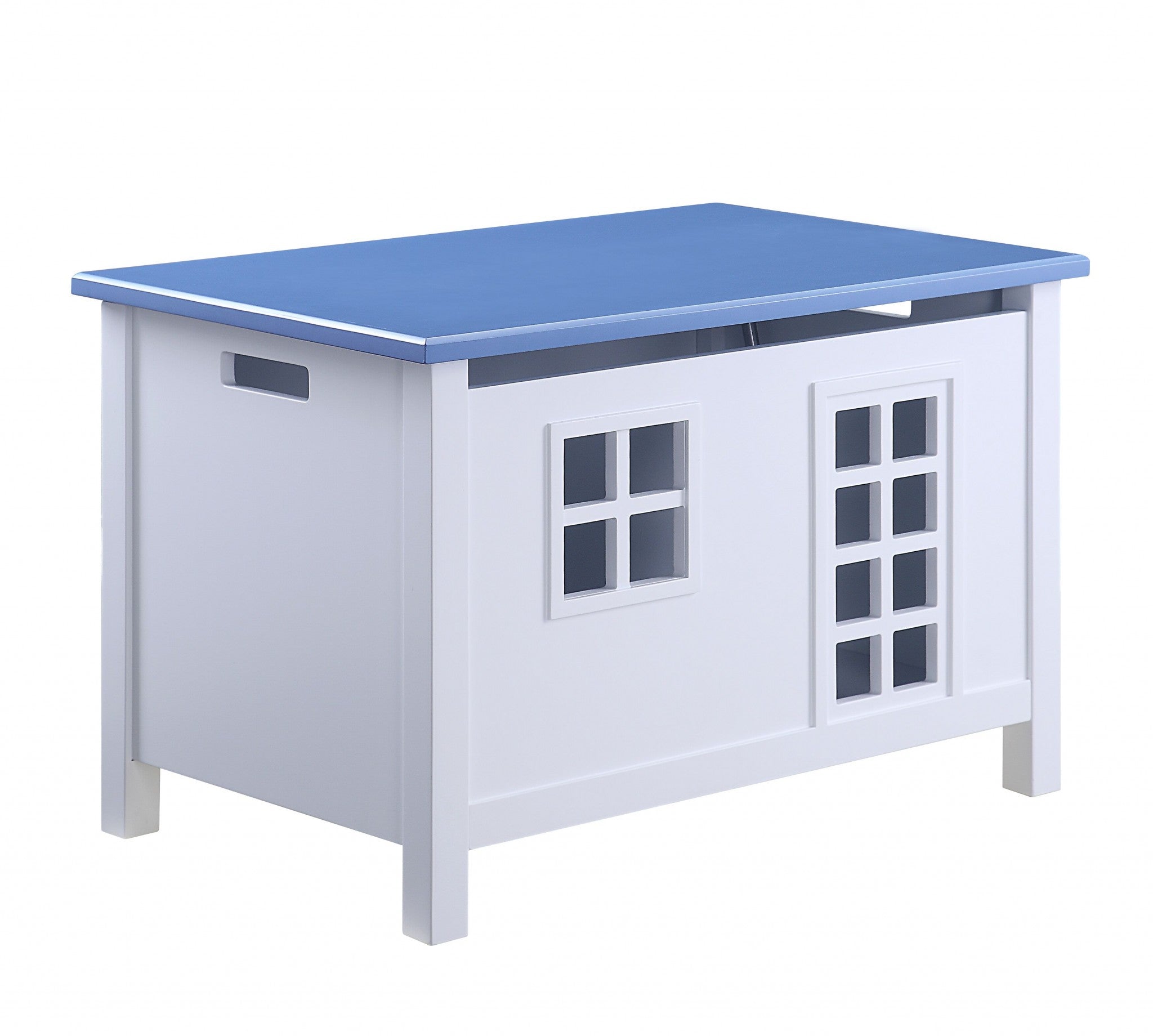 Stylish white and blue wood youth chest for kids, featuring a spacious interior and safety lid, perfect for organizing toys.