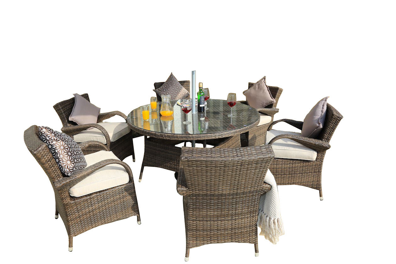 Brown 7-piece outdoor dining set featuring six chairs and a round table with tempered glass top, perfect for outdoor dining.