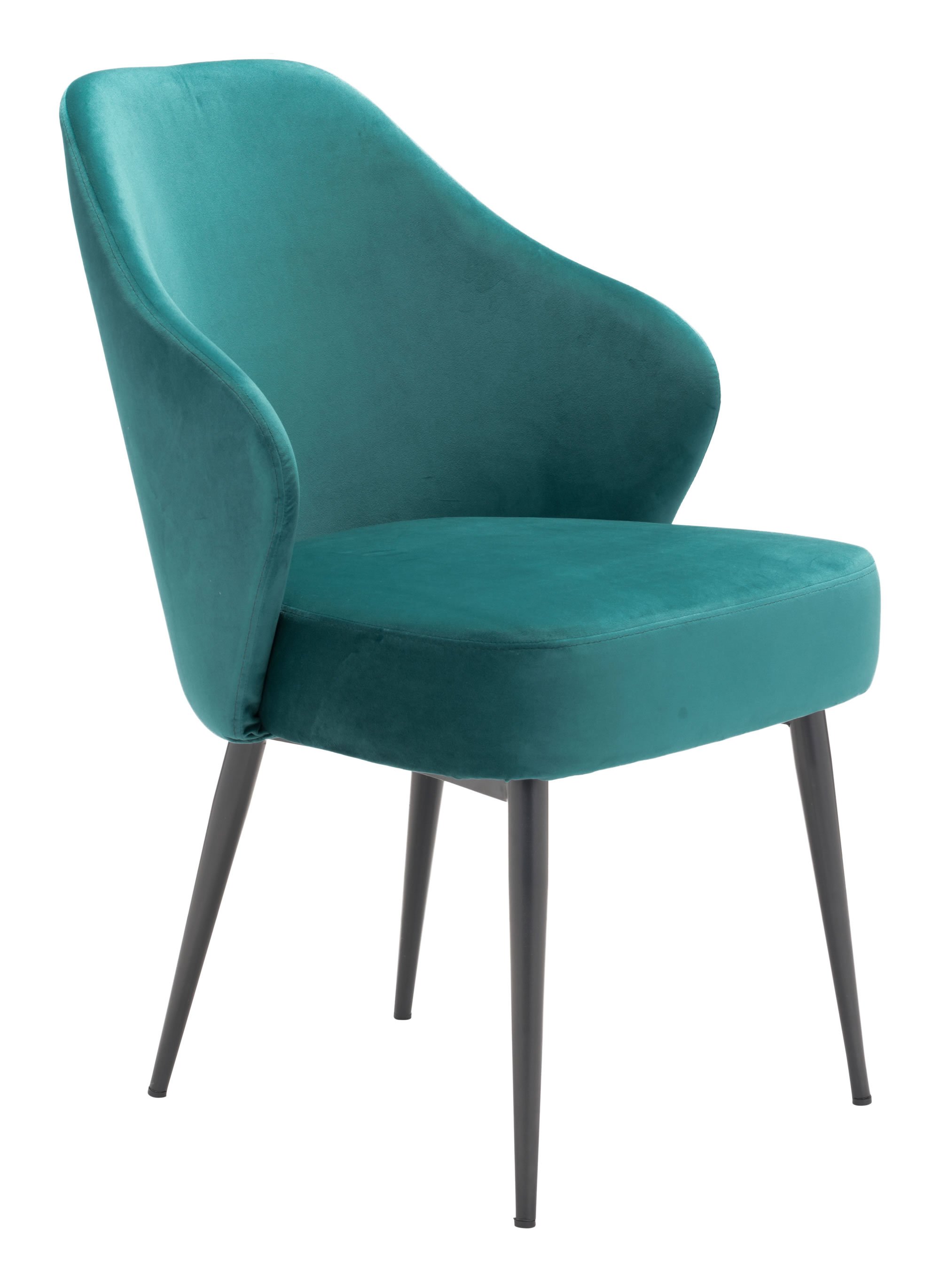 A luxurious green velvet dining chair with a modified wingback design and tapered pencil legs, perfect for modern dining rooms.