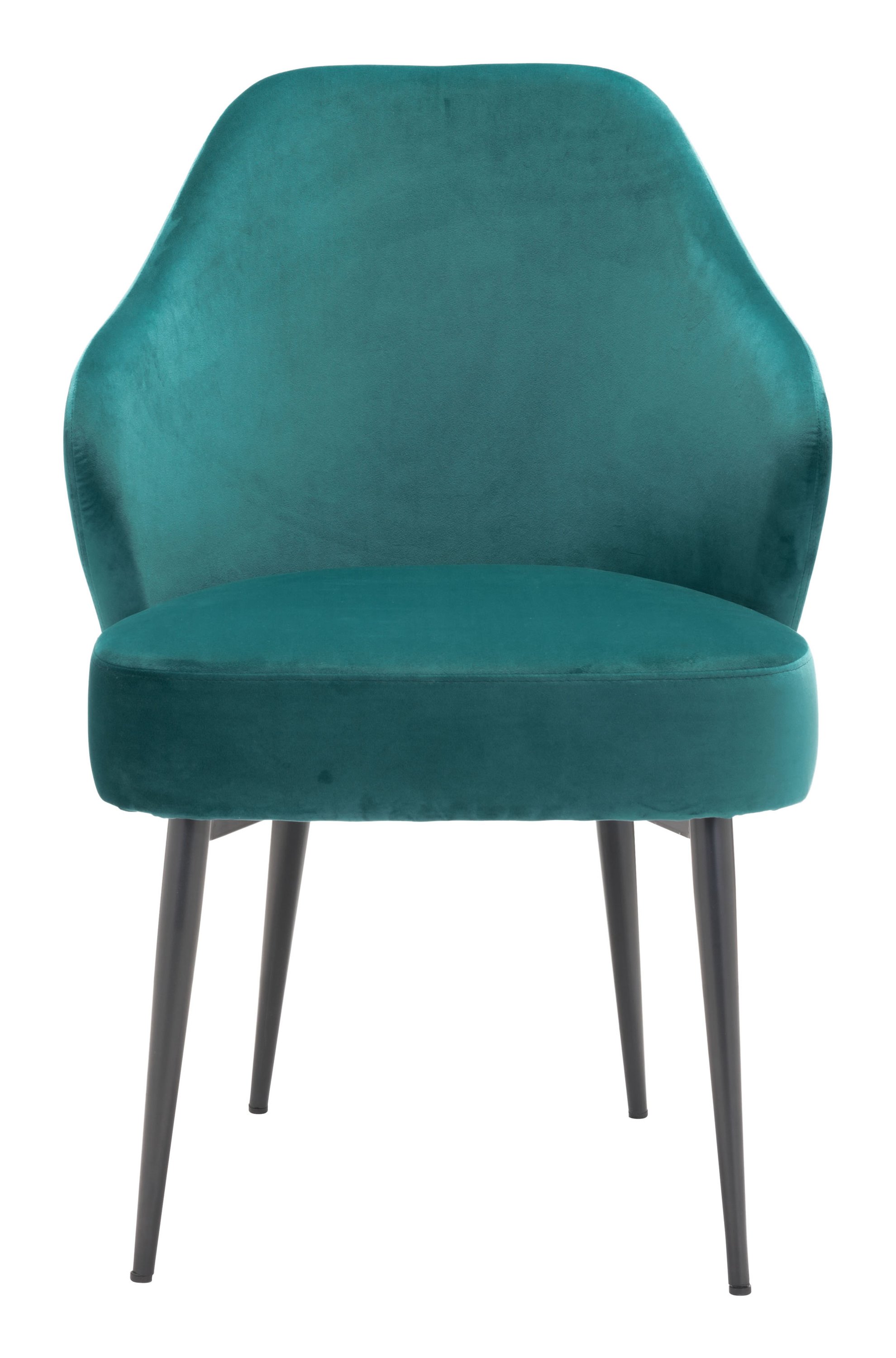 A luxurious green velvet dining chair with a modified wingback design and tapered pencil legs, perfect for modern dining rooms.