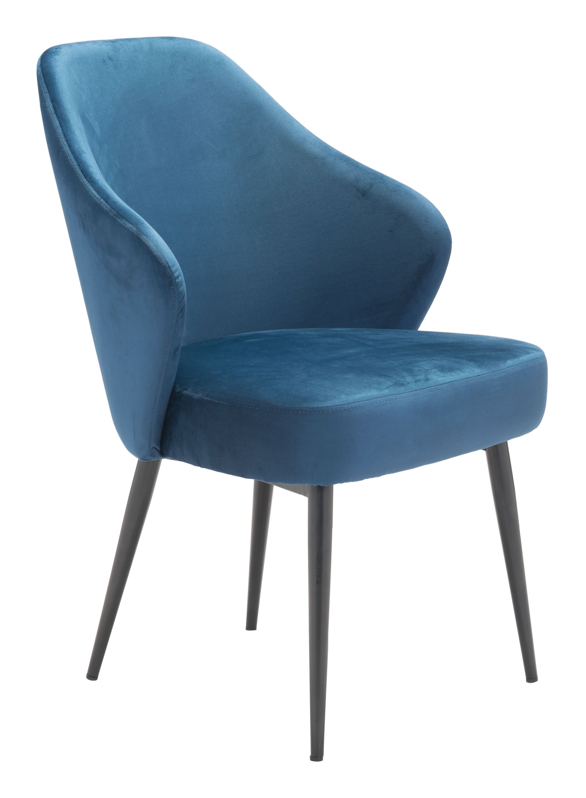 A luxurious navy velvet dining chair with a modified wingback design and tapered pencil legs, perfect for elegant dining spaces.