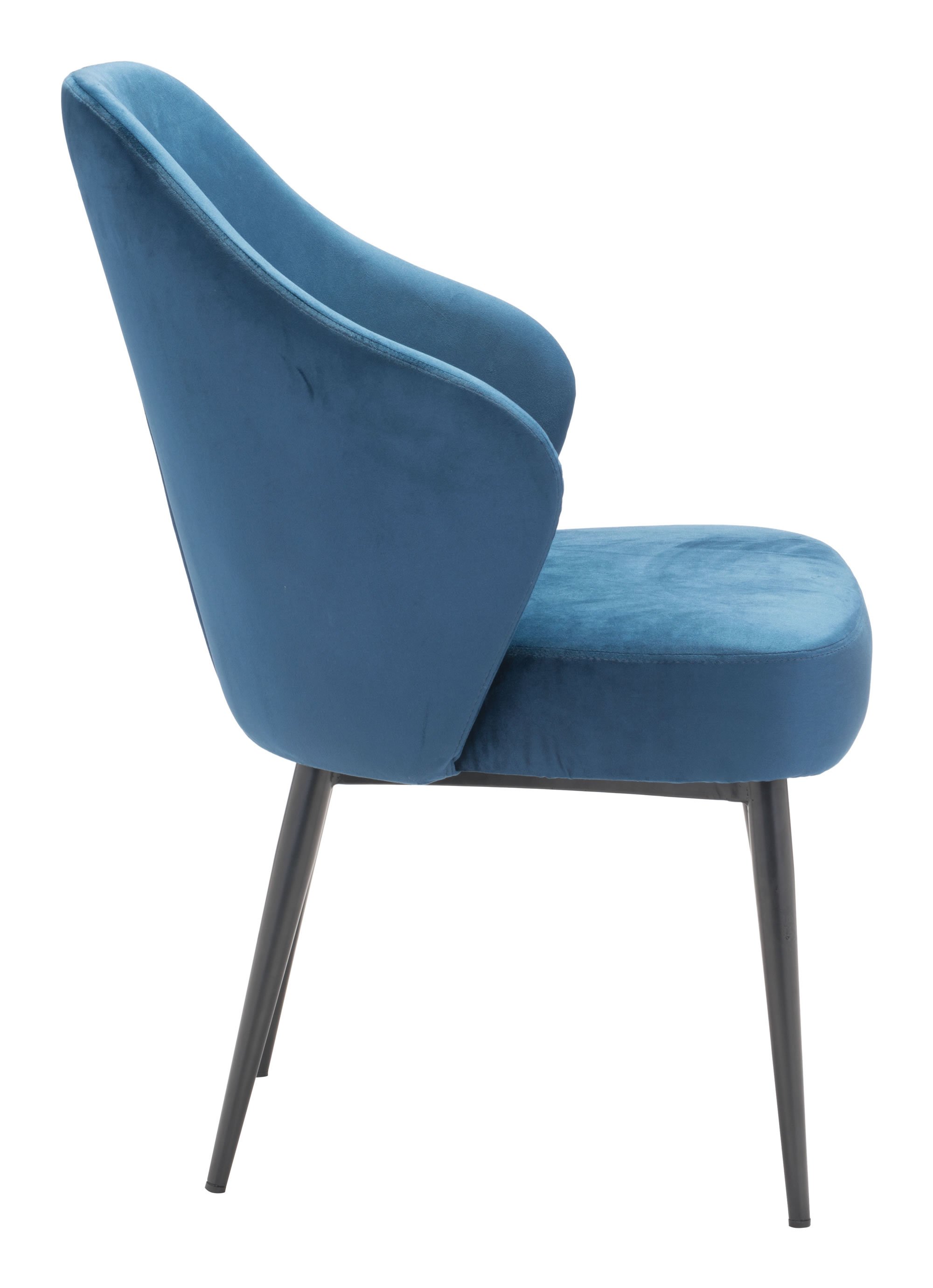 A luxurious navy velvet dining chair with a modified wingback design and tapered pencil legs, perfect for elegant dining spaces.