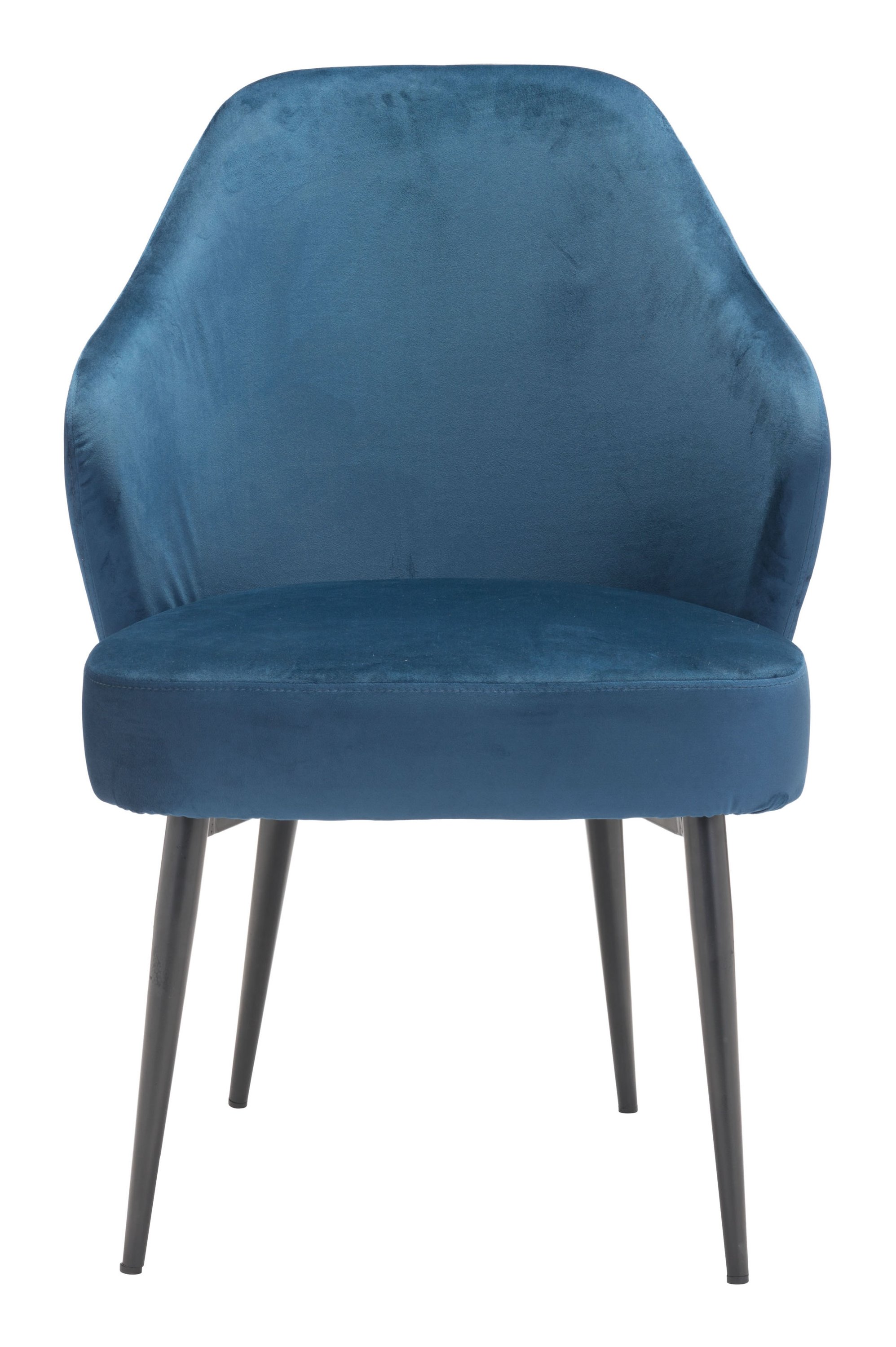 A luxurious navy velvet dining chair with a modified wingback design and tapered pencil legs, perfect for elegant dining spaces.