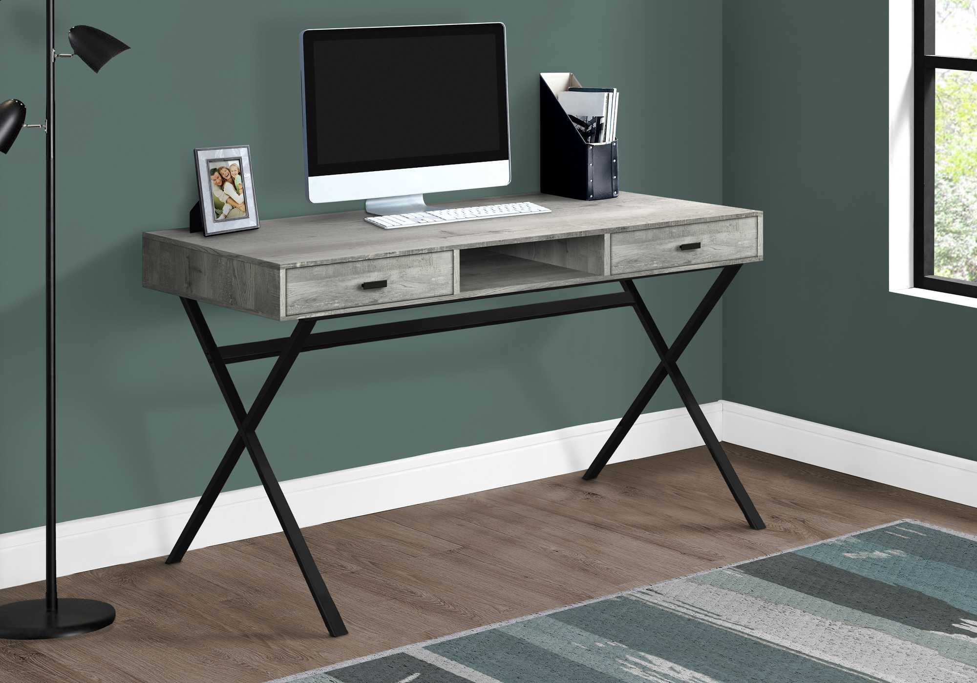 A stylish white chrome particle board desk with a sleek design, featuring a storage drawer, perfect for home or office use.