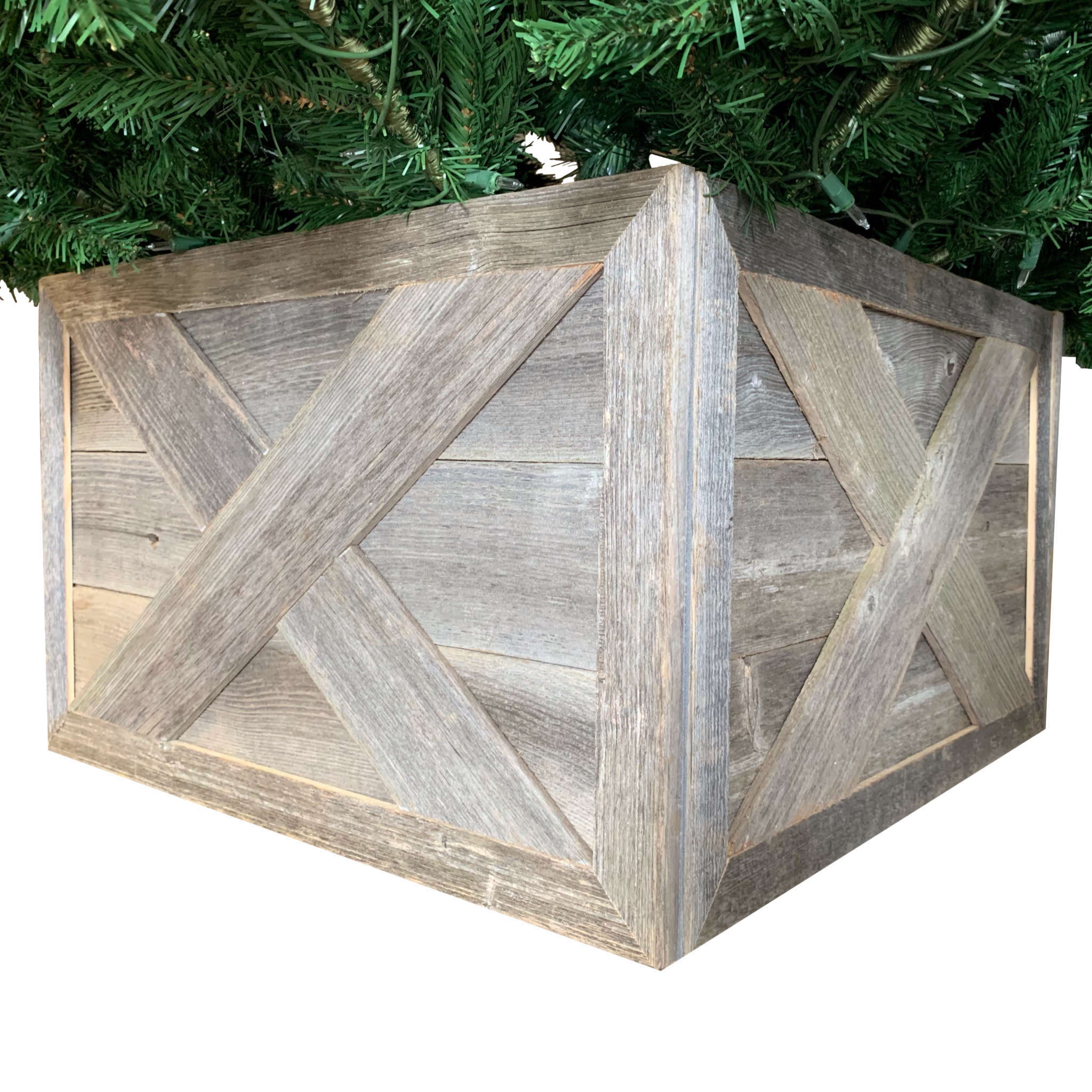 23-inch Natural Weathered Gray Christmas Tree Collar made from reclaimed wood with rustic X design, perfect for holiday decor.