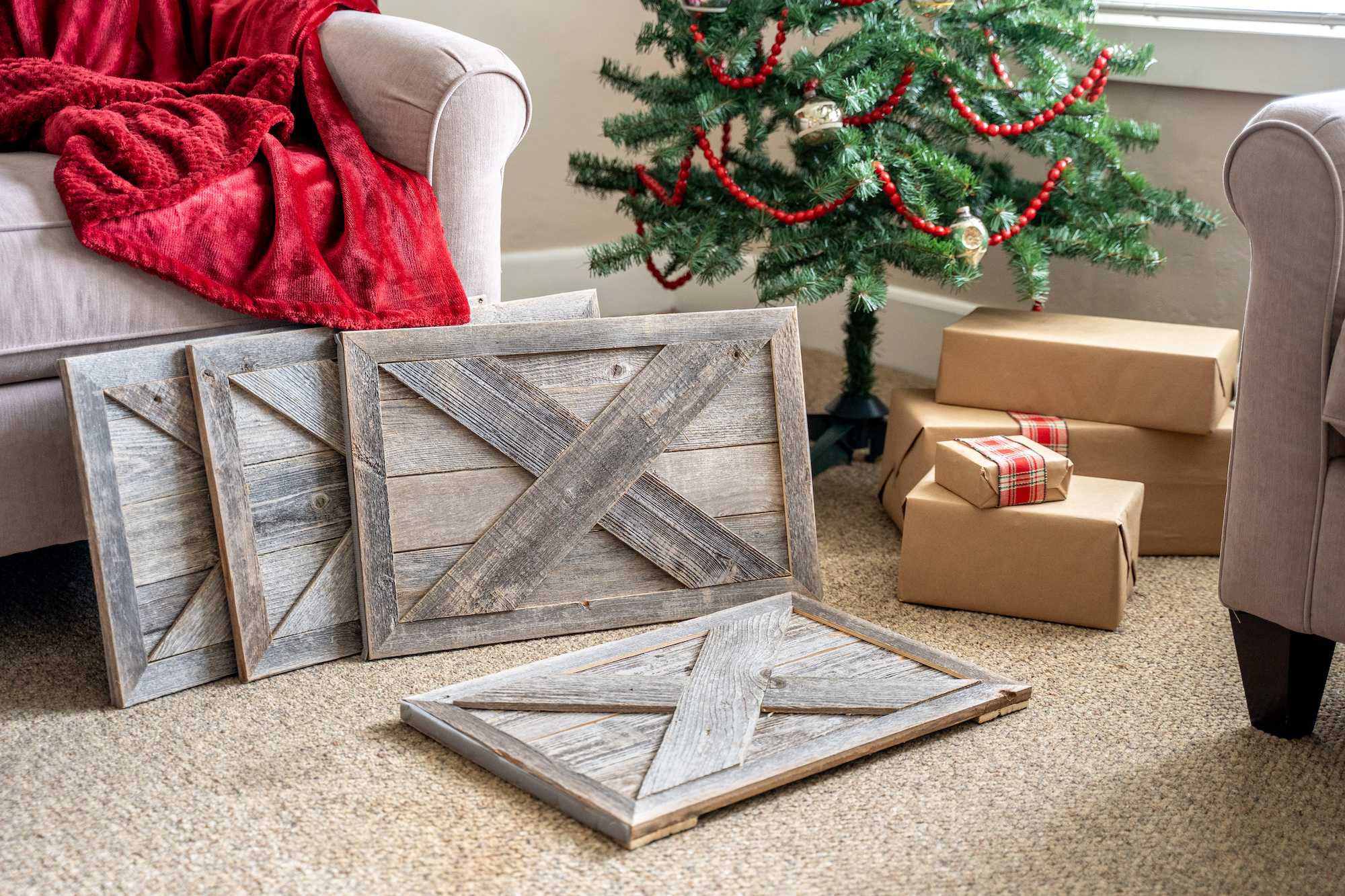 23-inch Natural Weathered Gray Christmas Tree Collar made from reclaimed wood with rustic X design, perfect for holiday decor.