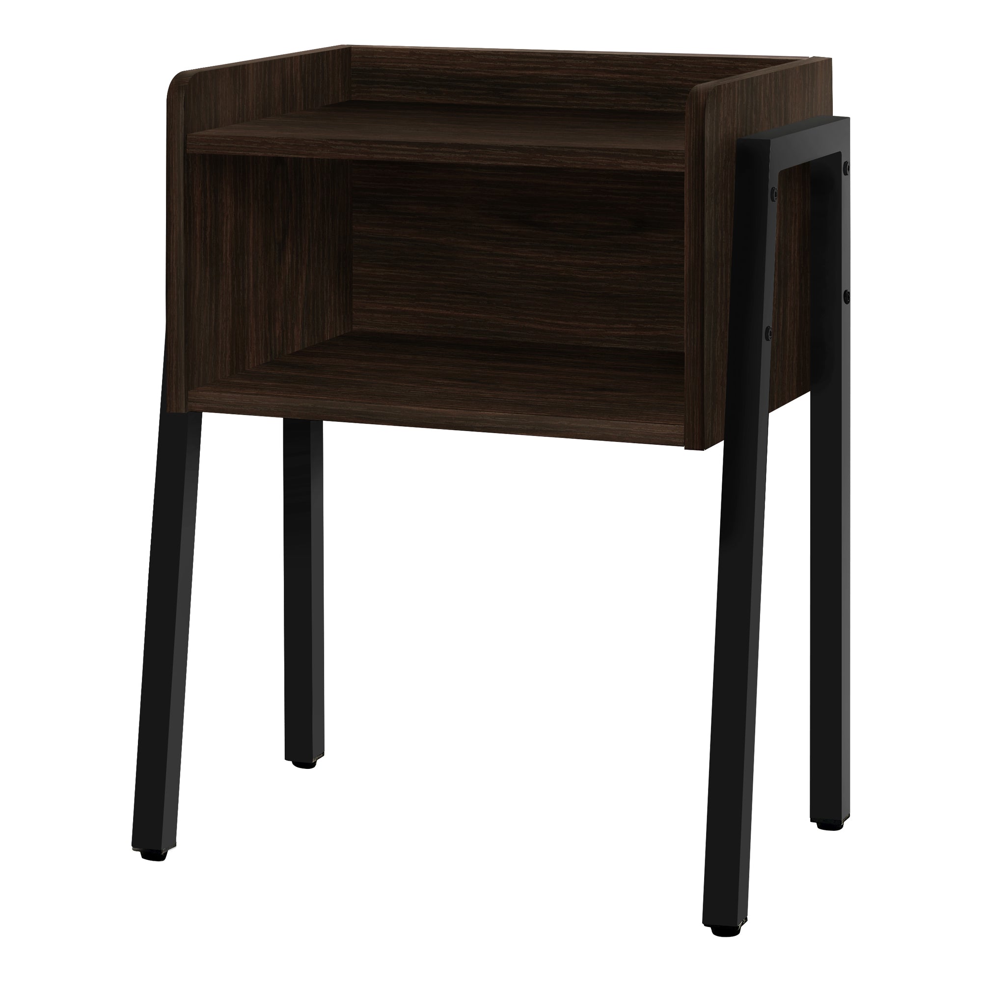 23-inch rectangular espresso accent table with black metal legs and open shelf, perfect for living room or bedroom use.