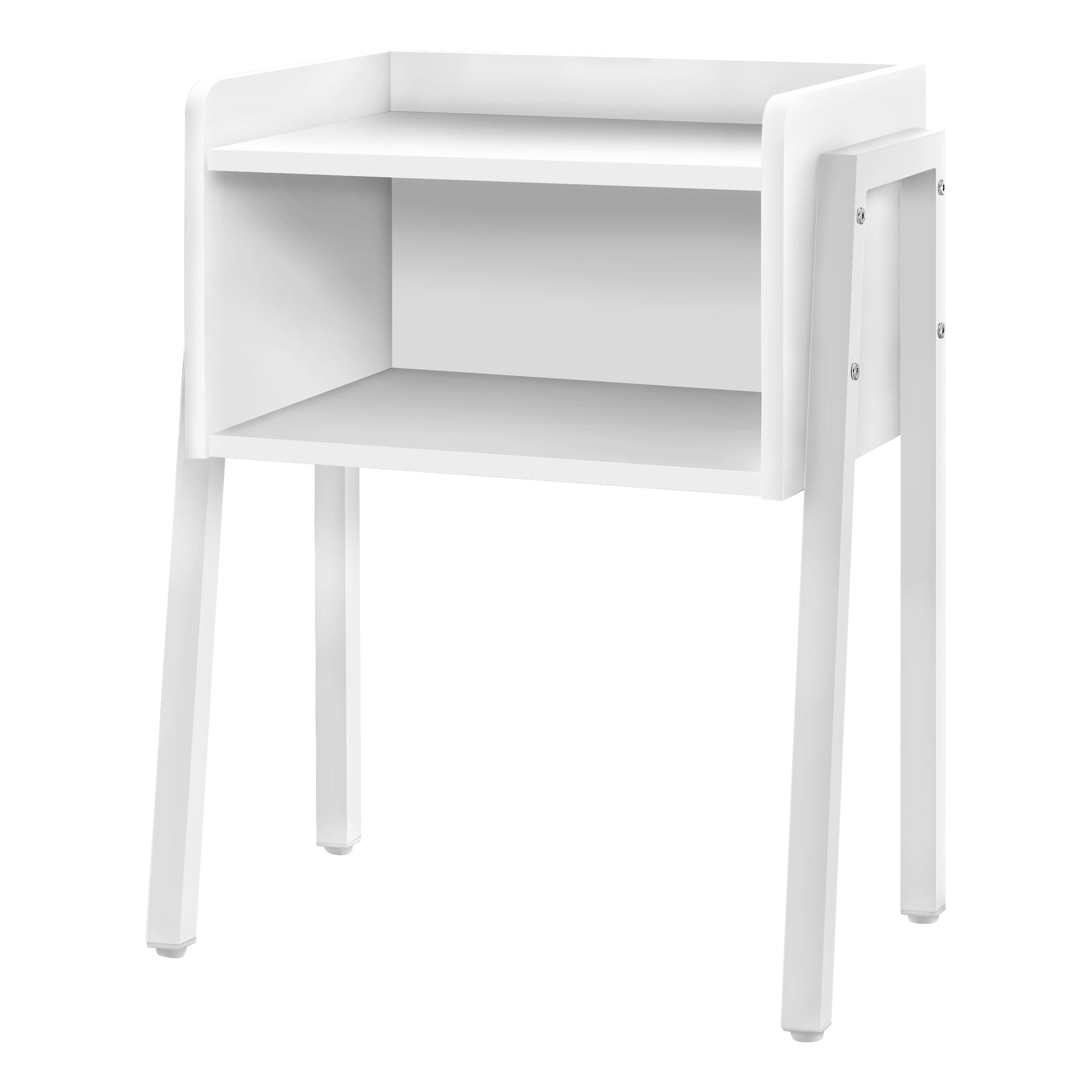 23-inch rectangular white accent table with white metal legs, featuring an open shelf for storage and a modern design.