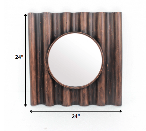 24 x 24 x 3 Bronze Panpipe-Like Wooden Cosmetic Mirror with a vintage mahogany finish and round reflective center.